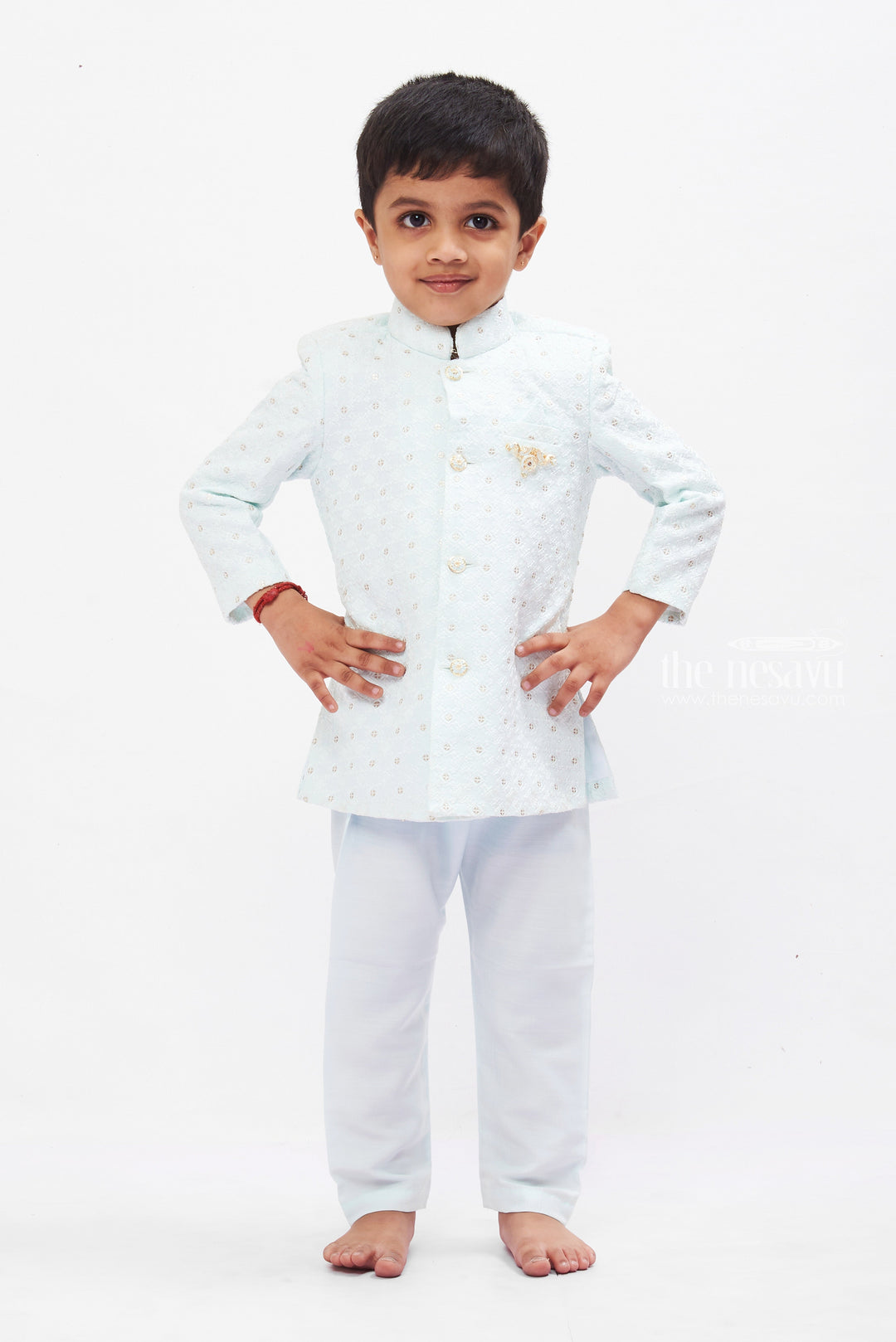 The Nesavu Boys Kurtha Set Elegant Boys Ice Blue Traditional Kurta and Pant Set Nesavu 12 (3M) / Blue BES508A-12 Boys Traditional Kurta Set with pant | Festive & Wedding Attire | The Nesavu