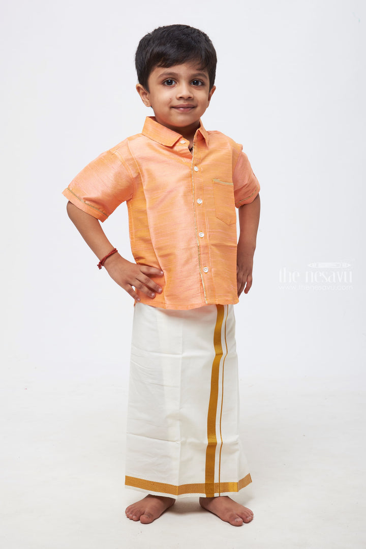 The Nesavu Boys Silk Shirt Elegant Boys Salmon Silk Shirt with Contrasting Detailing: Ideal for Celebratory Events and Traditional Gatherings Nesavu 16 (1Y) / Salmon / Blend Silk BS096A-16 Trendy and Comfortable Boys Silk Shirts | Stylish Kids Wear | The Nesavu