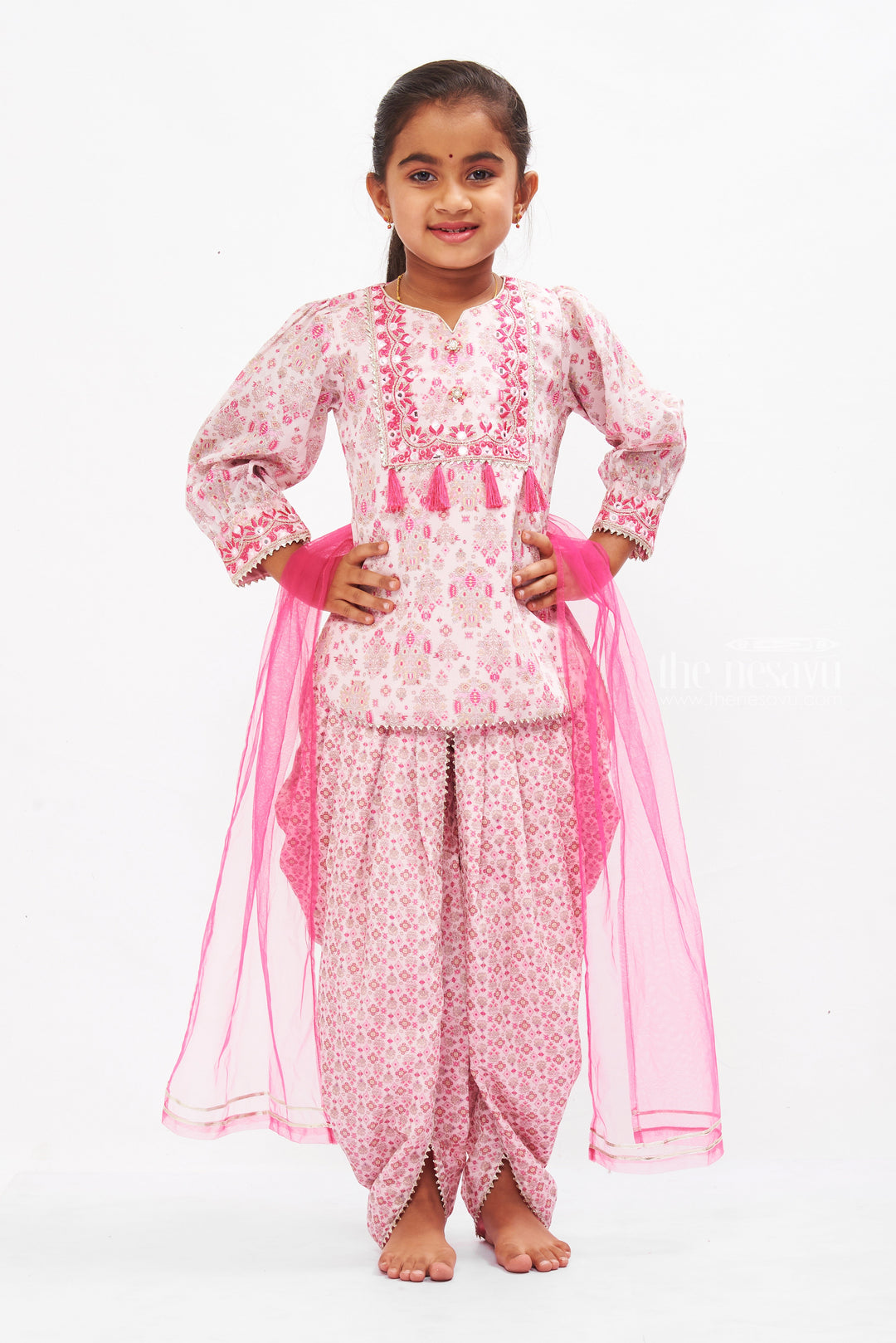 The Nesavu Girls Sharara / Plazo Set Elegant Floral Dhoti Pant Set with Embellished Dupatta for Girls Nesavu 16 (1Y) / Pink GPS262A-16 Girls Floral Dhoti Pant Set | Traditional Ethnic Wear | Embellished Dupatta | The Nesavu