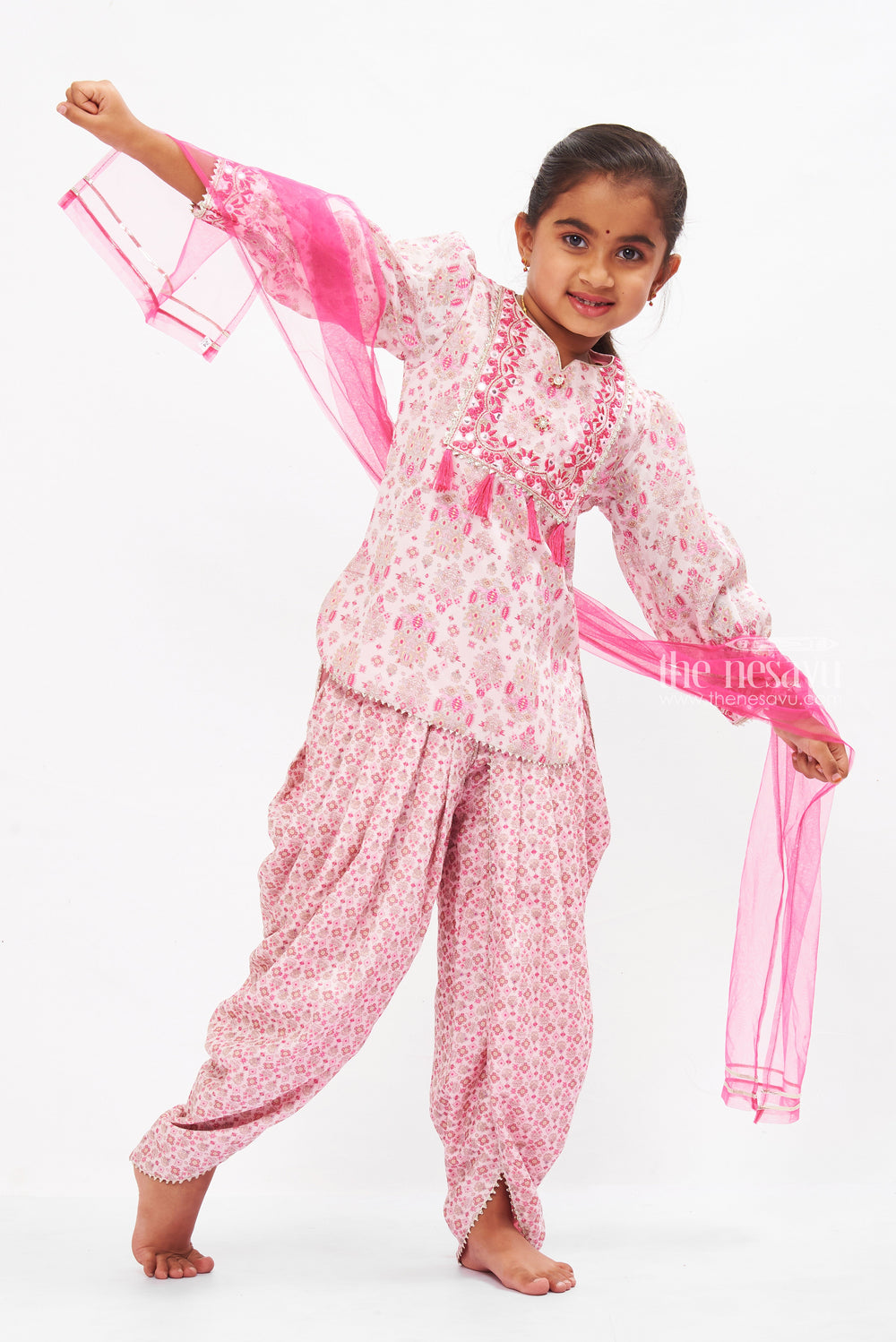 The Nesavu Girls Sharara / Plazo Set Elegant Floral Dhoti Pant Set with Embellished Dupatta for Girls Nesavu Girls Floral Dhoti Pant Set | Traditional Ethnic Wear | Embellished Dupatta | The Nesavu