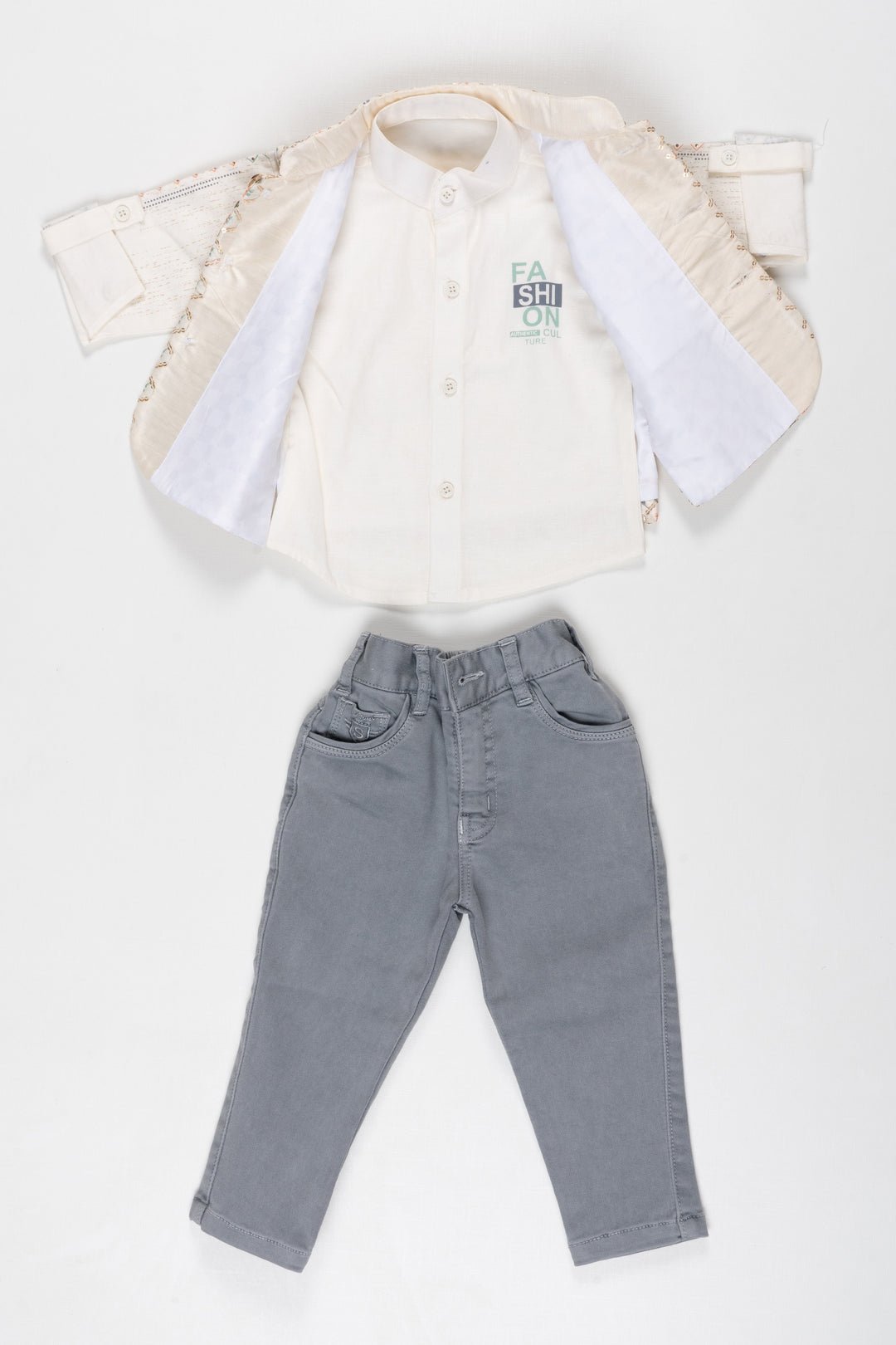 The Nesavu Boys Jacket Sets Elegant Floral Vest and Grey Trousers Ensemble for Children Nesavu 16 (1Y) / Half white / Blend Silk BES534A-16 Children’s Stylish Floral Vest Outfit Set | Grey Trousers  White Shirt | The Nesavu