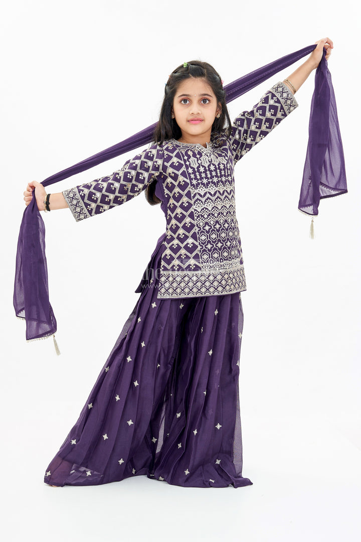 The Nesavu Girls Sharara / Plazo Set Elegant Girls Sharara Choli Dress with Embroidered Georgette and Matching Dupatta Nesavu 24 (5Y) / Purple GPS531A-24 Nesavu Elegant Girls Sharara Choli Dress Embroidered Georgette Matching Dupatta