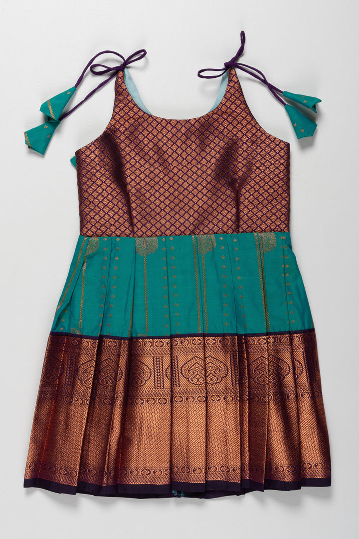 The Nesavu Tie-up Frock Elegant Knot-Tied Silk Frock for Girls - Ideal for Aksharabhyasam and Vidyarambham Nesavu 14 (6M) / Green / Style 1 T380A-14 Shop Girls Elegant Silk Frock with Adjustable Knot Ties | The Nesavu