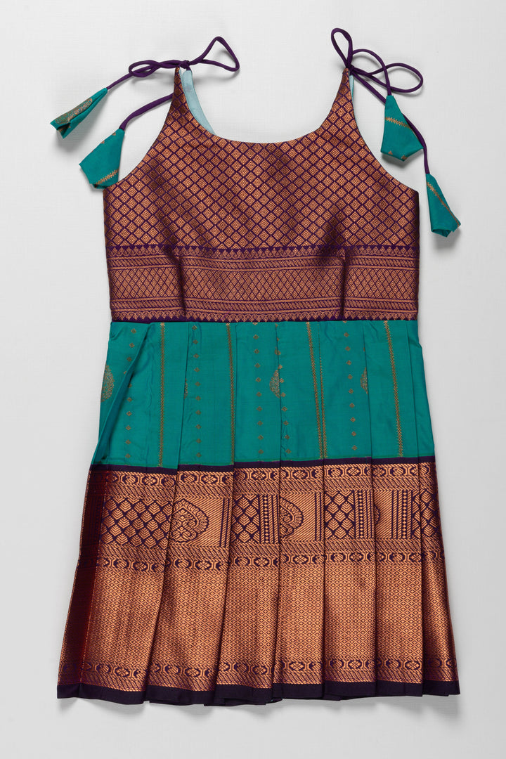 The Nesavu Tie-up Frock Elegant Knot-Tied Silk Frock for Girls - Ideal for Aksharabhyasam and Vidyarambham Nesavu 14 (6M) / Green / Style 2 T380B-14 Shop Girls Elegant Silk Frock with Adjustable Knot Ties | The Nesavu