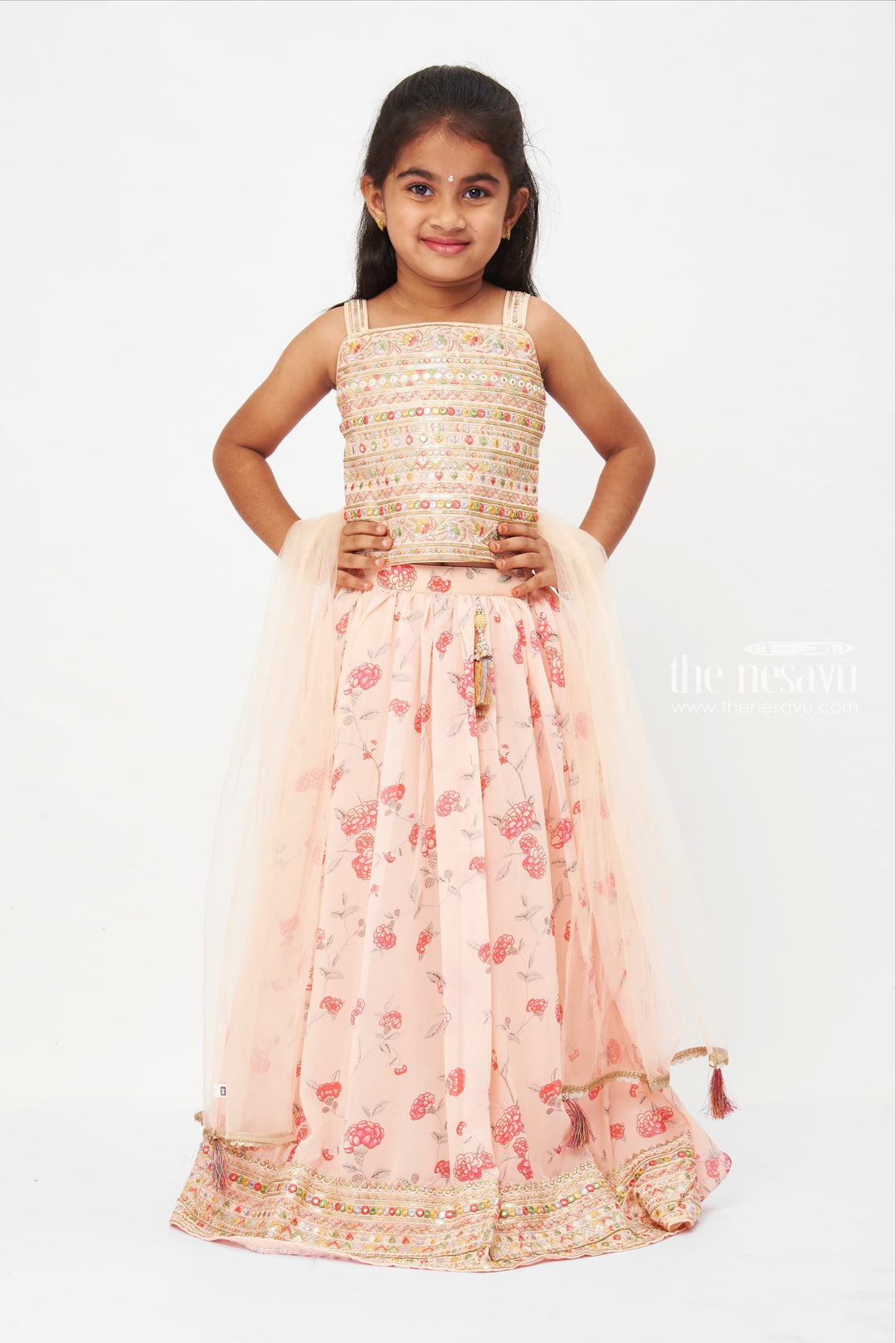 The Nesavu Girls Lehenga Choli Elegant Peach Floral Lehenga Choli with Sheer Dupatta for Girls - Traditional Festive Wear Nesavu 16 (1Y) / Pink / Poly Georgette GL355C-16 Elegant wedding attire for children | Girls' festive collection | The Nesavu