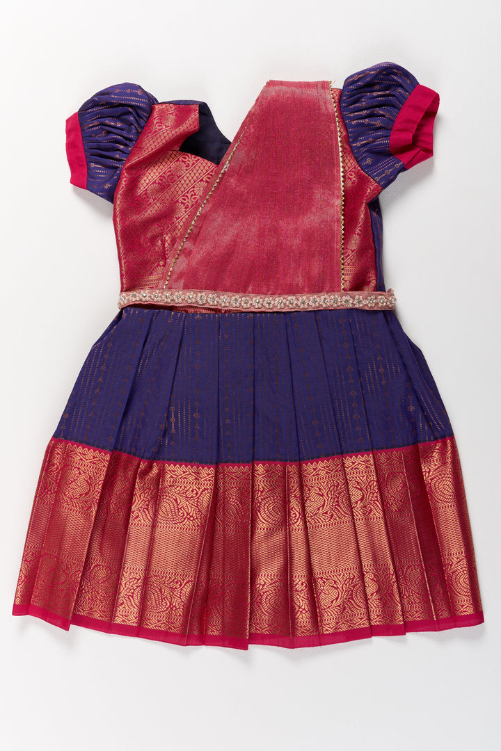 The Nesavu Girls Kanchi Silk Frock Elegant Purple and Red Pattu Pavadai for Girls with Zari Borders and Pleated Skirt Nesavu 20 (3Y) / Purple / Style 2 SF827AB-20 Nesavu Elegant Purple Red Pattu Pavadai Girls Zari Borders Pleated Skirt