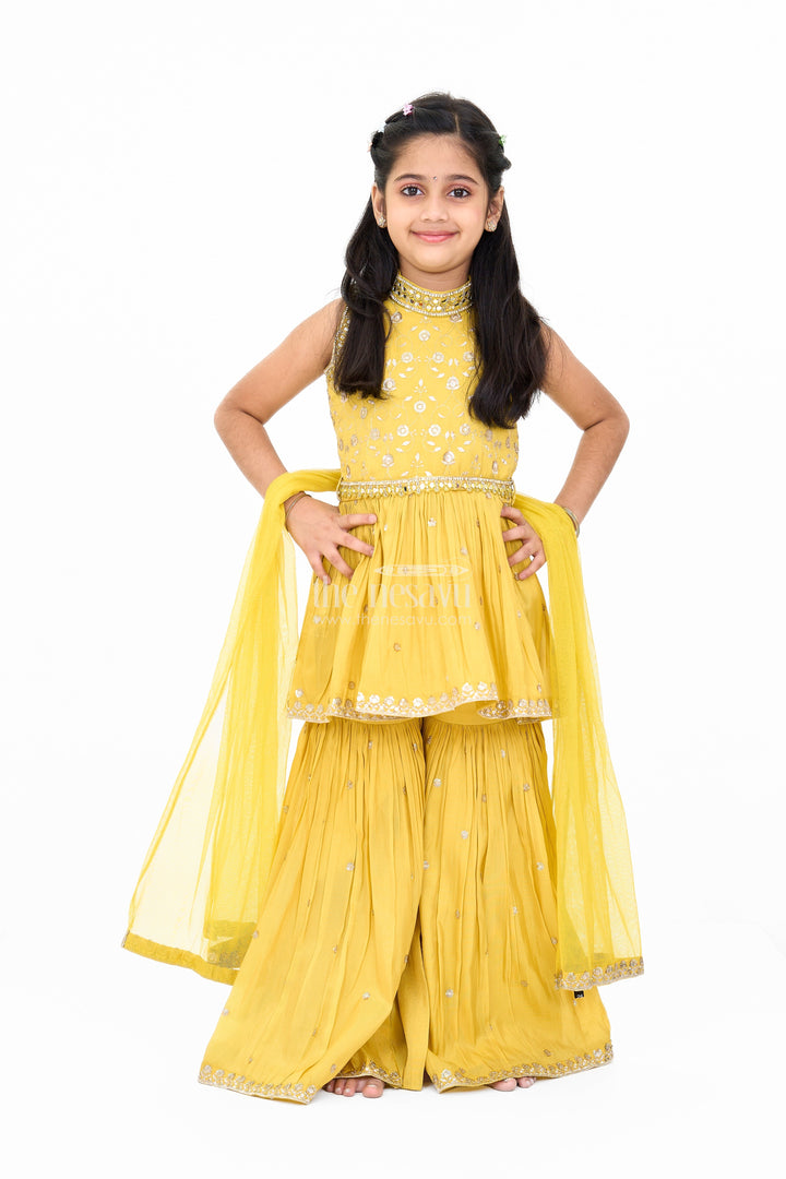 The Nesavu Girls Sharara / Plazo Set Elegant Yellow Georgette Girls Sharara Set with Sequin Embroidery and Peplum Top Nesavu 24 (5Y) / Yellow GPS496A-24 Nesavu Yellow Georgette Girls Sharara Set Sequin Embroidery Peplum Top