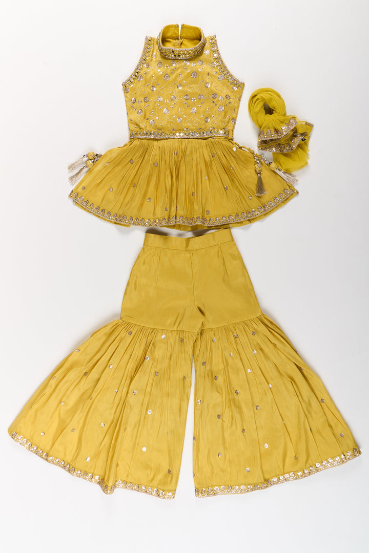 The Nesavu Girls Sharara / Plazo Set Elegant Yellow Georgette Girls Sharara Set with Sequin Embroidery and Peplum Top Nesavu Nesavu Yellow Georgette Girls Sharara Set Sequin Embroidery Peplum Top