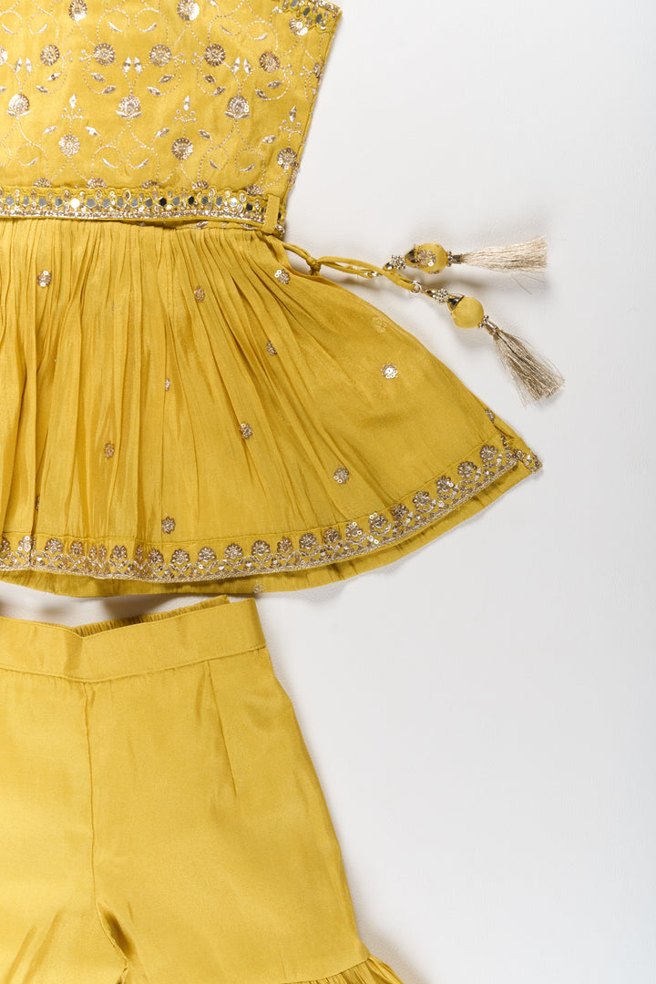 The Nesavu Girls Sharara / Plazo Set Elegant Yellow Georgette Girls Sharara Set with Sequin Embroidery and Peplum Top Nesavu Nesavu Yellow Georgette Girls Sharara Set Sequin Embroidery Peplum Top