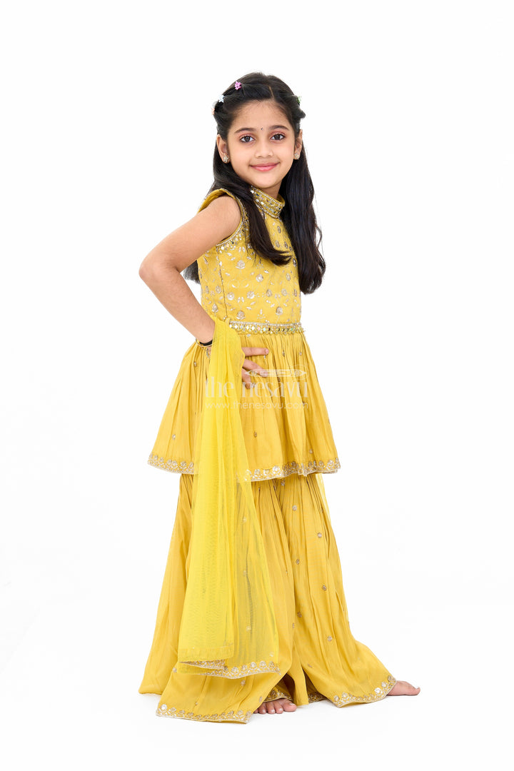 The Nesavu Girls Sharara / Plazo Set Elegant Yellow Georgette Girls Sharara Set with Sequin Embroidery and Peplum Top Nesavu Nesavu Yellow Georgette Girls Sharara Set Sequin Embroidery Peplum Top
