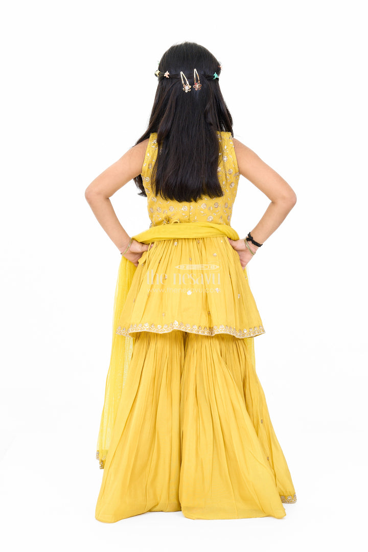 The Nesavu Girls Sharara / Plazo Set Elegant Yellow Georgette Girls Sharara Set with Sequin Embroidery and Peplum Top Nesavu Nesavu Yellow Georgette Girls Sharara Set Sequin Embroidery Peplum Top