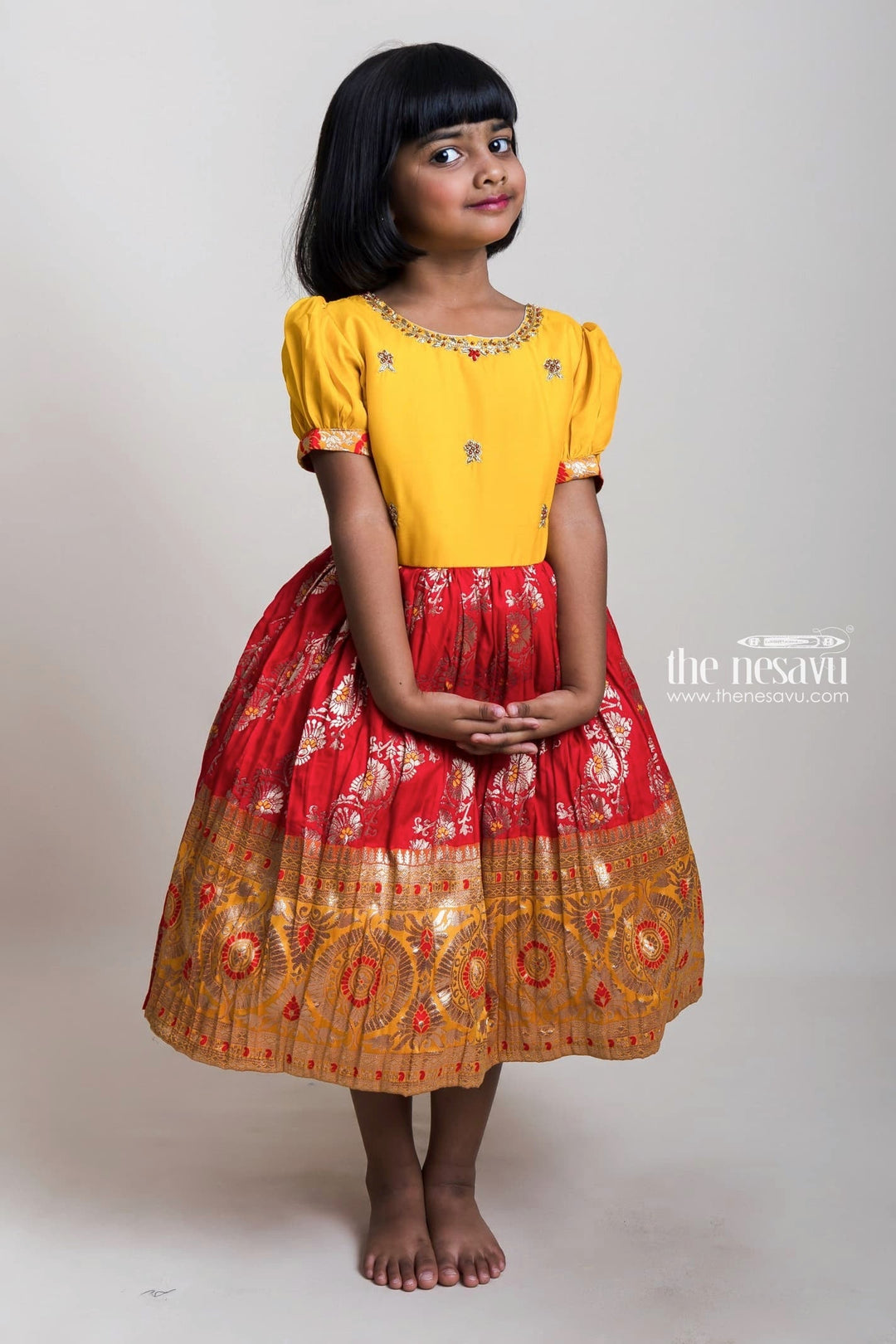 The Nesavu Silk Party Frock Embroidered Yellow Yoke And Red Brocade Printed Semi-Silk Frocks For Girls Nesavu 16 (1Y) / Red SF482A-16 Banarasi Silk Frocks For Girls 2023| Pongal And Sankranti Collection| The Nesavu
