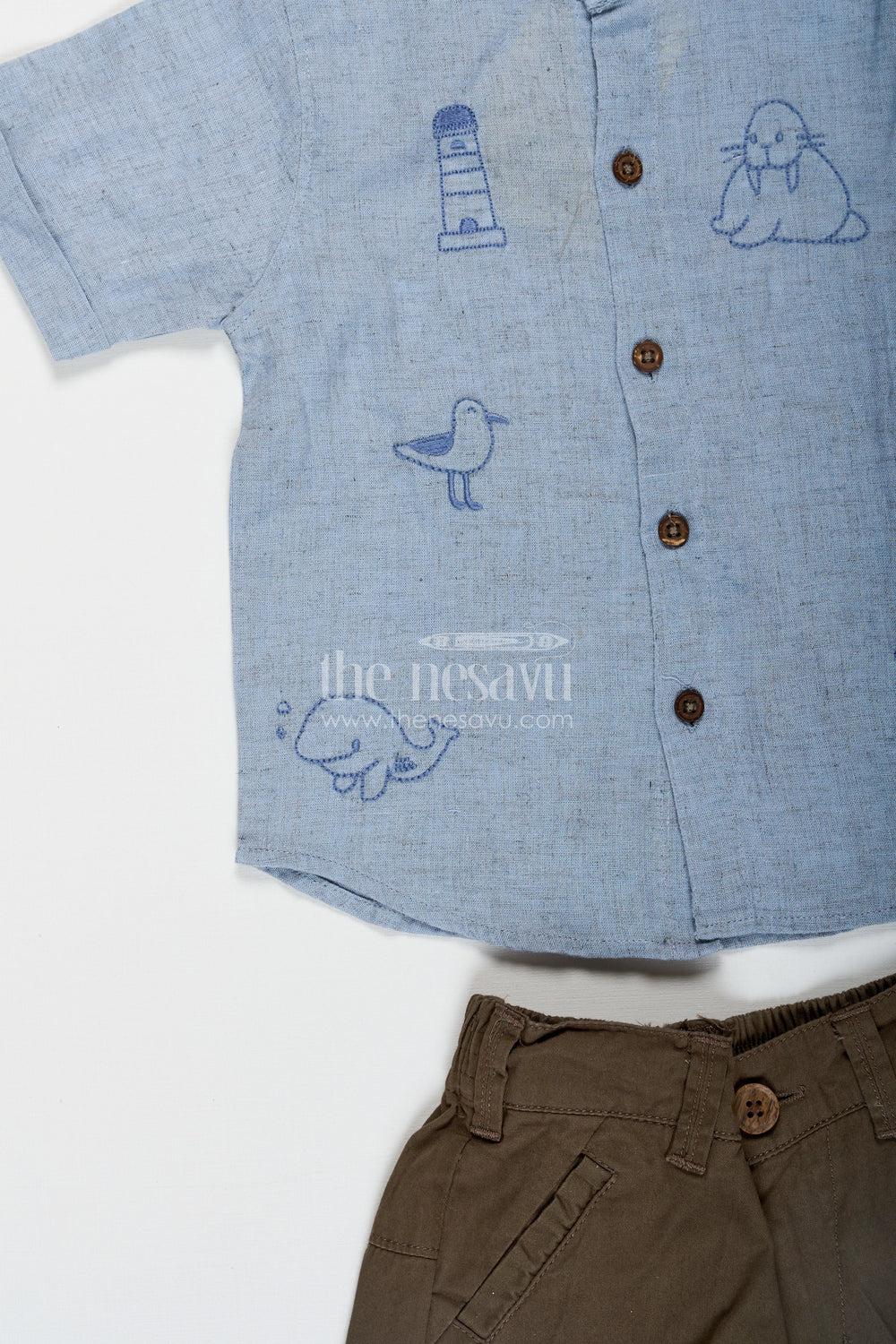 The Nesavu Boys Casual Set Embroidery Shirt Set for Boys in Sky Blue with Nautical Thread Motifs and Olive Green Shorts for Everyday Adventures Nesavu Nesavu Embroidery Shirt Set for Boys in Sky Blue with Nautical Motifs and Cotton Olive Shorts