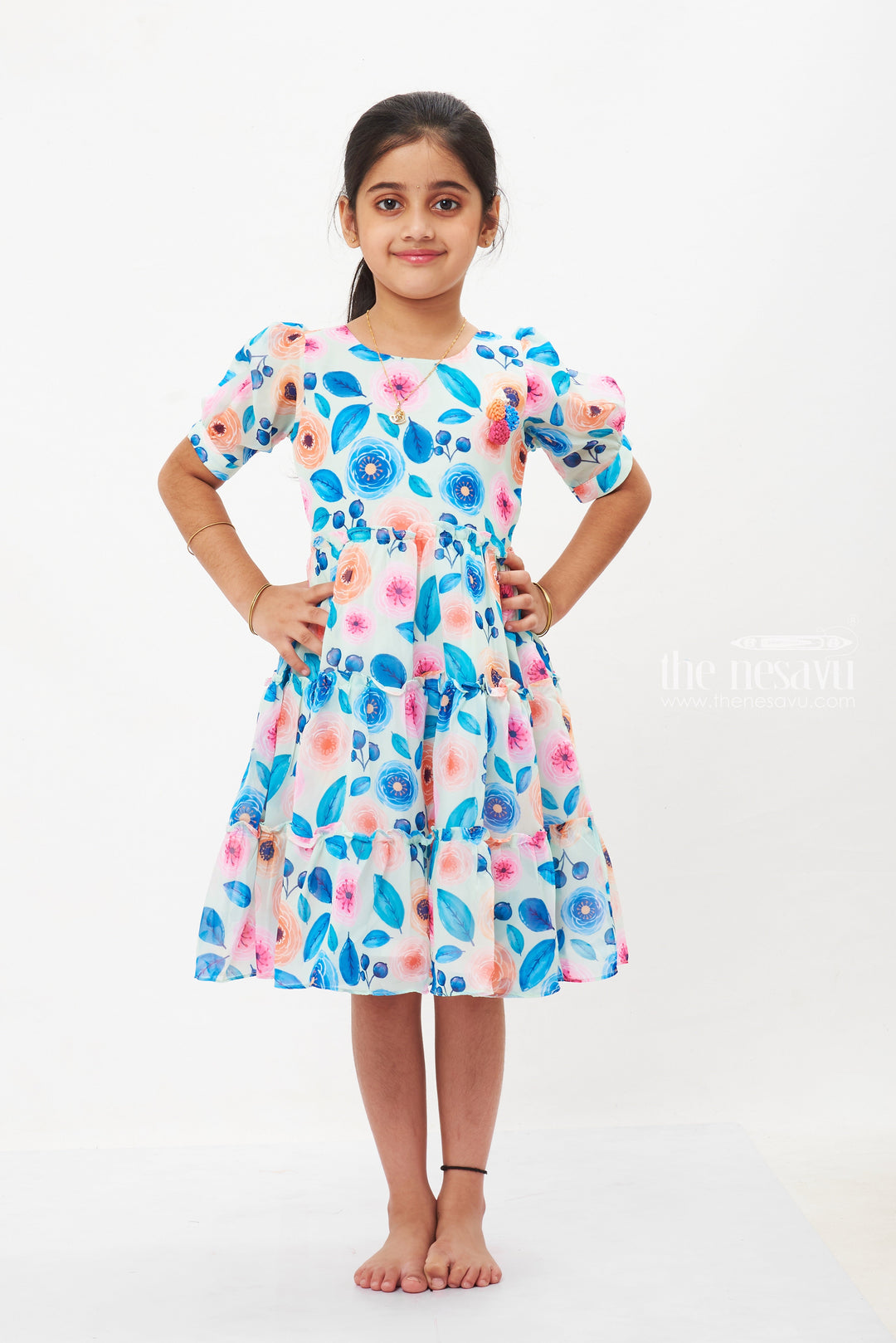 The Nesavu Girls Fancy Frock Emerald Blossom Girls Fancy Frock: A Floral Dream for Evening Soirees Nesavu 20 (3Y) / Green / Georgette GFC1280A-20 Shop Girls Green Floral Fancy Dresses | Perfect Evening Elegance | The Nesavu