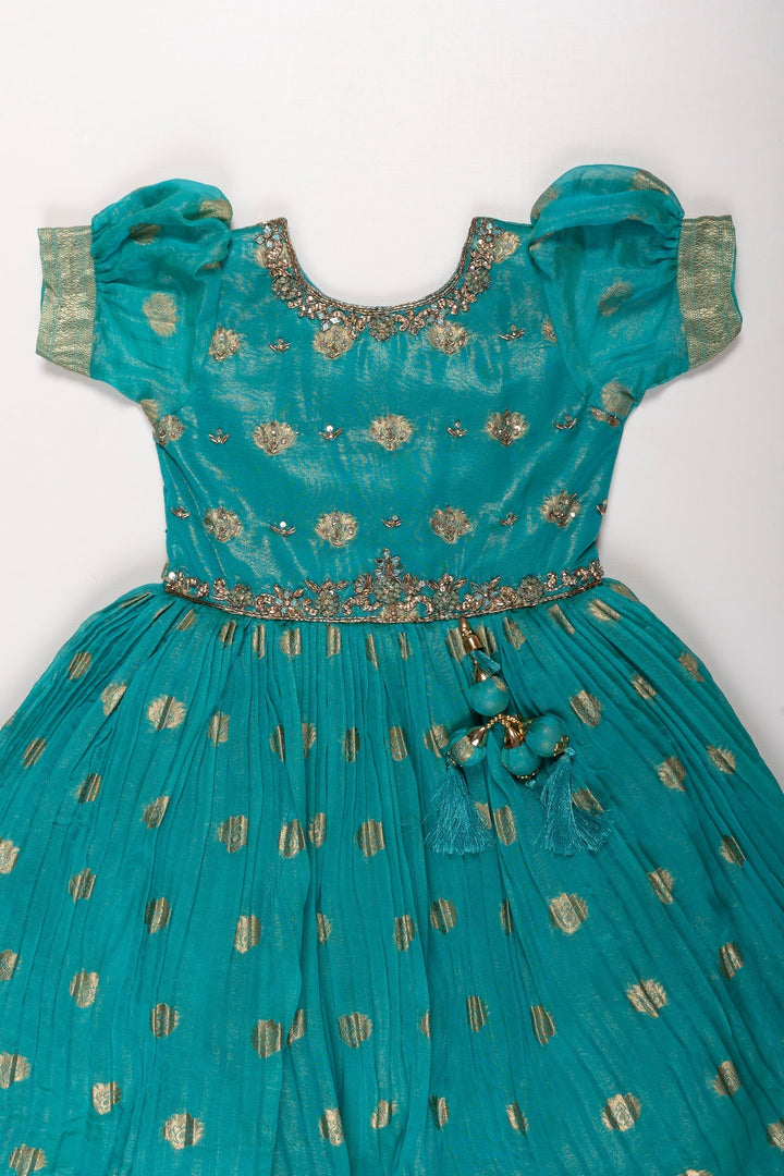 The Nesavu Girls Silk Gown Emerald Enchantment: Silk Anarkali Gown for Girls' Ugadi Celebrations Nesavu Festive Green Silk Anarkali Gown for Girls | Traditional Elegance | The Nesavu