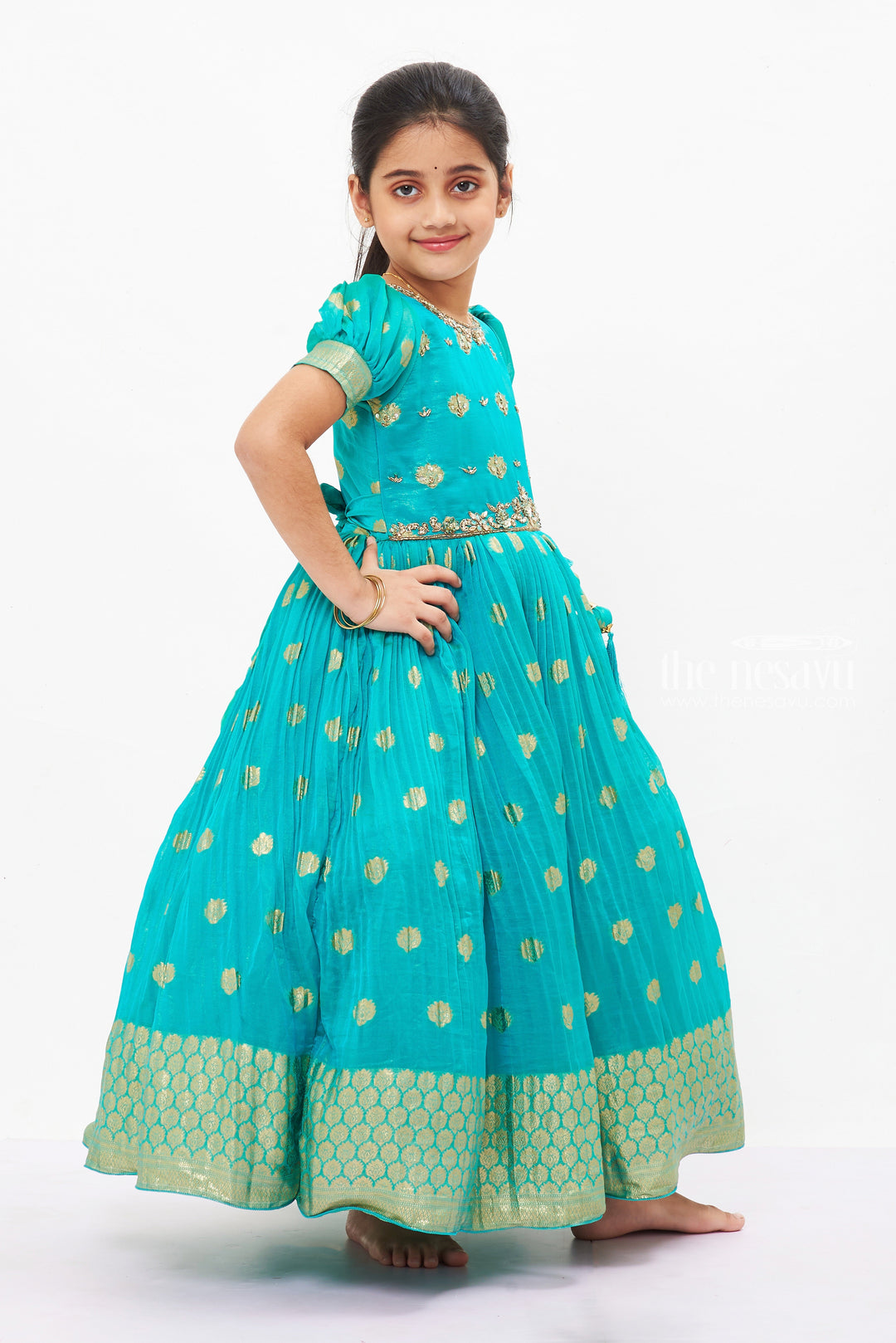 The Nesavu Girls Silk Gown Emerald Enchantment: Silk Anarkali Gown for Girls' Ugadi Celebrations Nesavu Festive Green Silk Anarkali Gown for Girls | Traditional Elegance | The Nesavu