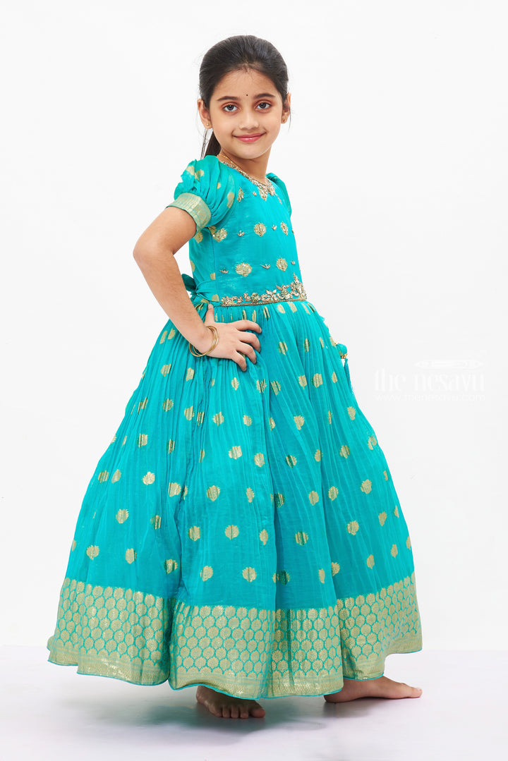 The Nesavu Girls Silk Gown Emerald Enchantment: Silk Anarkali Gown for Girls' Ugadi Celebrations Nesavu Festive Green Silk Anarkali Gown for Girls | Traditional Elegance | The Nesavu