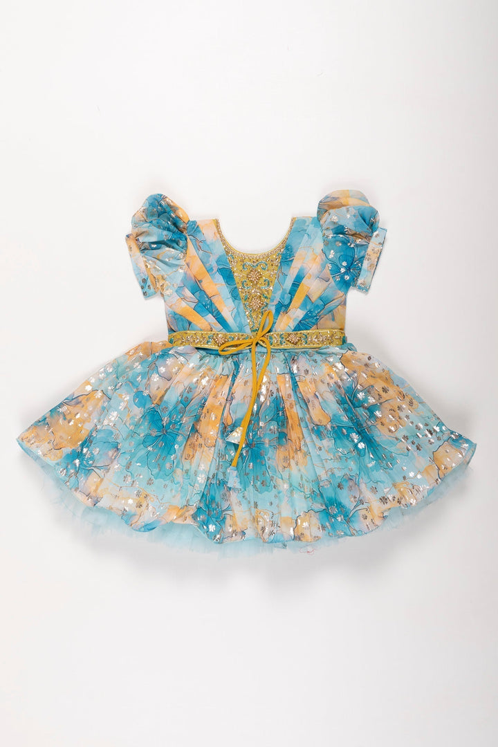 The Nesavu Silk Party Frock Enchanted Garden Silk Party Frock in Blue and Yellow Nesavu 18 (2Y) / Blue / Georgette SF746A-18 Blue & Yellow Floral Silk Frock for Girls | Stone Embroidered Party Dress | The Nesavu