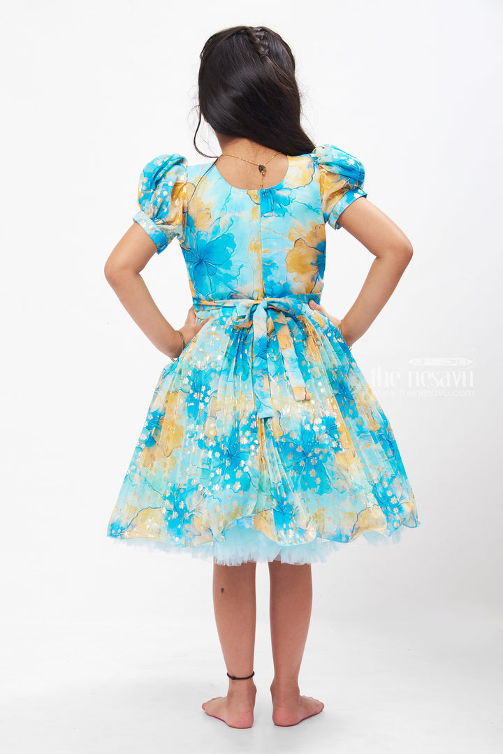 The Nesavu Silk Party Frock Enchanted Garden Silk Party Frock in Blue and Yellow Nesavu Blue & Yellow Floral Silk Frock for Girls | Stone Embroidered Party Dress | The Nesavu