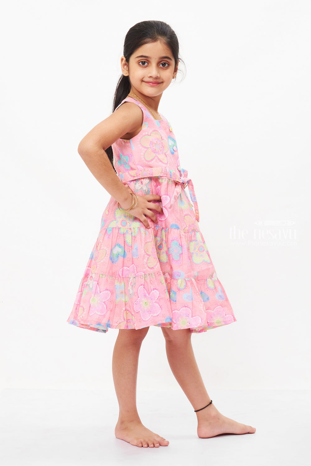 The Nesavu Girls Cotton Frock Enchanted Salmon Pink Cotton Frock with Playful Butterflies for Girls Nesavu Shop Girls Salmon Pink Butterfly Cotton Frock | Fun & Fancy Knee-Length Dress | The Nesavu