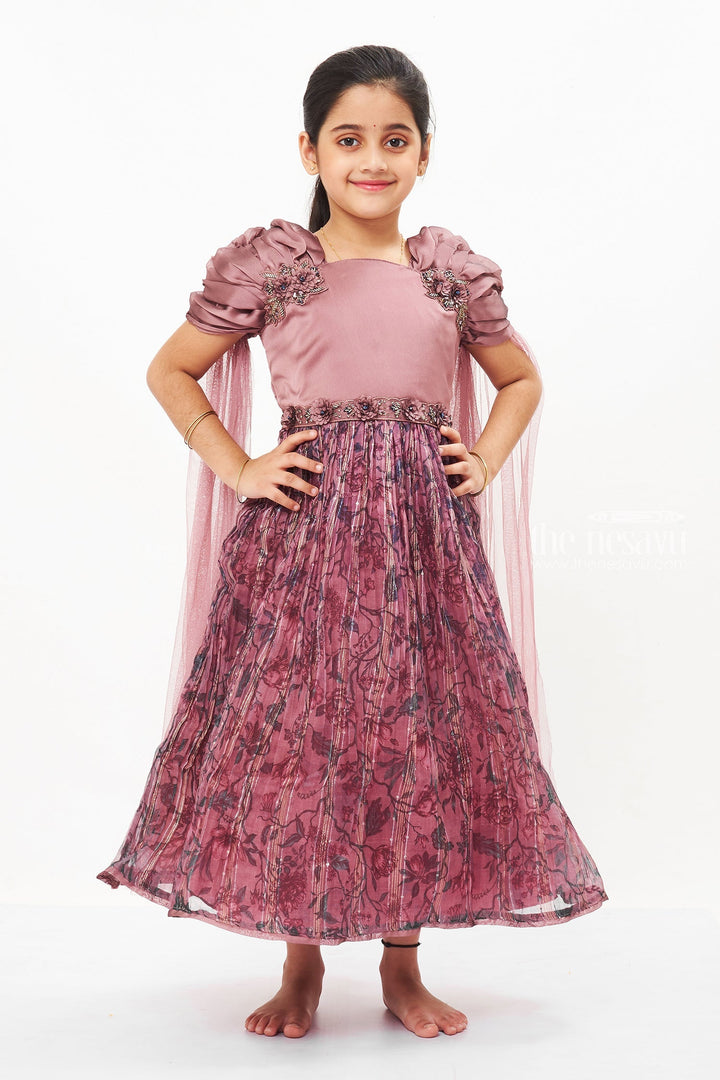 The Nesavu Girls Party Gown Enchanting Pink Princess Anarkali Gown for Girls - Fairy Tale Elegance Nesavu 20 (3Y) / Purple / Pleated Georgette GA209A-20 Girls Pink Anarkali Gown | Luxurious Floral Party Dress for Kids | The Nesavu