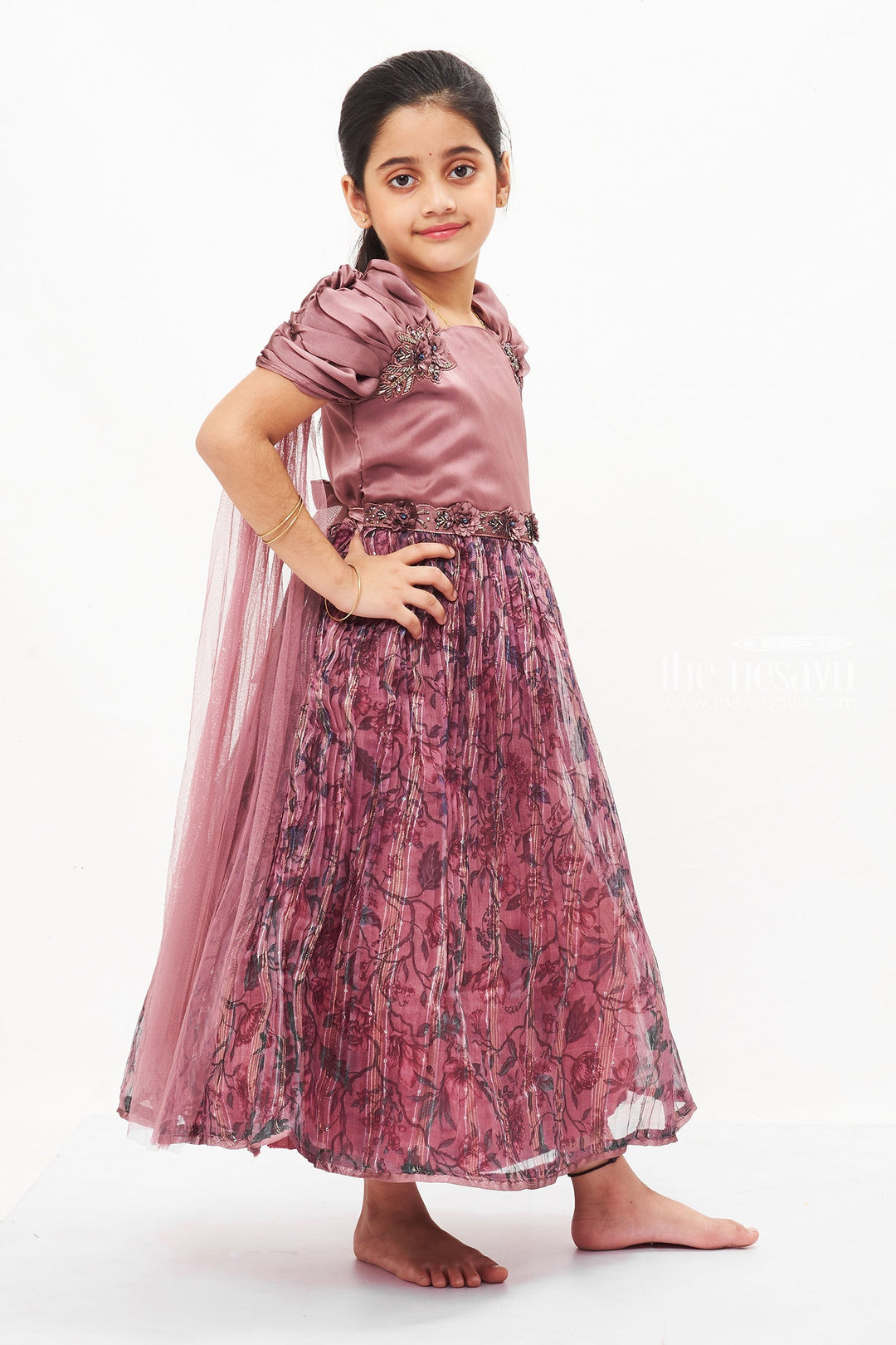 The Nesavu Girls Party Gown Enchanting Pink Princess Anarkali Gown for Girls - Fairy Tale Elegance Nesavu Girls Pink Anarkali Gown | Luxurious Floral Party Dress for Kids | The Nesavu