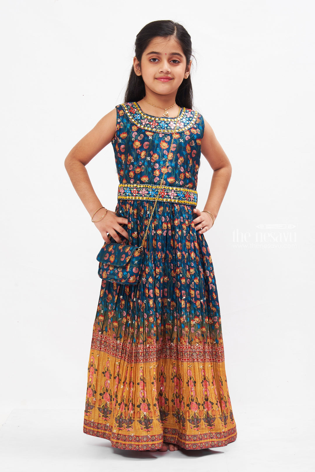 The Nesavu Girls Party Gown Ethnic Floral Fusion Anarkali Dress: Girls Boho-Chic Navy and Mustard Delight Nesavu 24 (5Y) / Blue GA197A-24 Girls Navy & Mustard Anarkali Dress | Floral Bohemian Style | The Nesavu