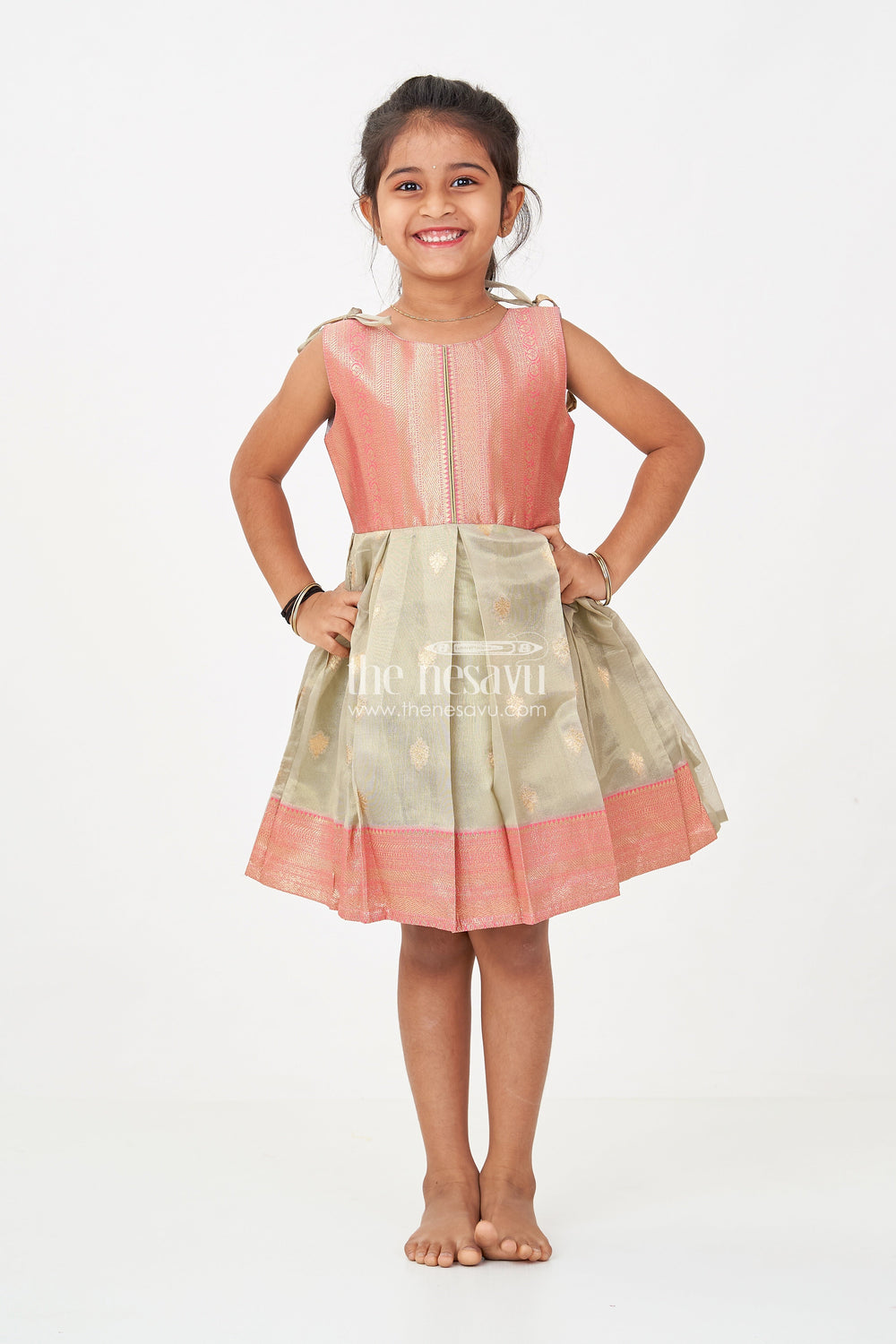The Nesavu Silk Frock Ethnic Frock for Baby Girls in Banarasi Jacquard Gold Tissue Silk with Traditional Pleated Design Nesavu Nesavu Ethnic Frock for Baby Girls in Banarasi Jacquard Tissue Silk with Gold Zari Pleated Design
