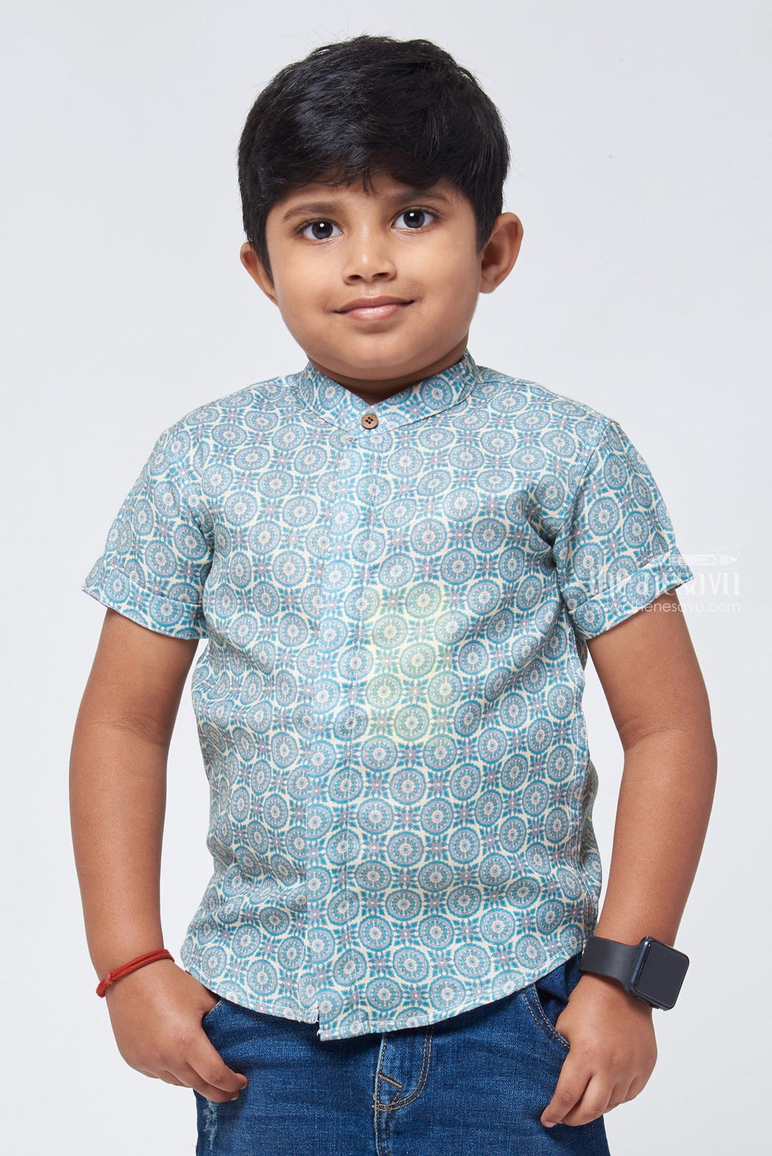 The Nesavu Boys Linen Shirt Exquisite Ajrakh Hand Block Print Boys' Shirt: Artisanal Craftsmanship at Its Finest Nesavu 14 (6M) / Green / Linen BS066B-14 Ajrakh Hand Block Print Boys Shirt | Printed Shirt for Boys | The Nesavu