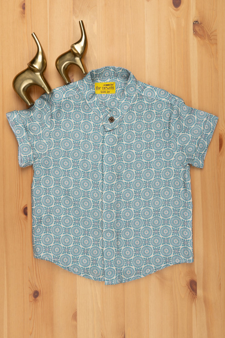 The Nesavu Boys Linen Shirt Exquisite Ajrakh Hand Block Print Boys' Shirt: Artisanal Craftsmanship at Its Finest Nesavu 14 (6M) / Green / Linen BS066B Ajrakh Hand Block Print Boys Shirt | Printed Shirt for Boys | The Nesavu