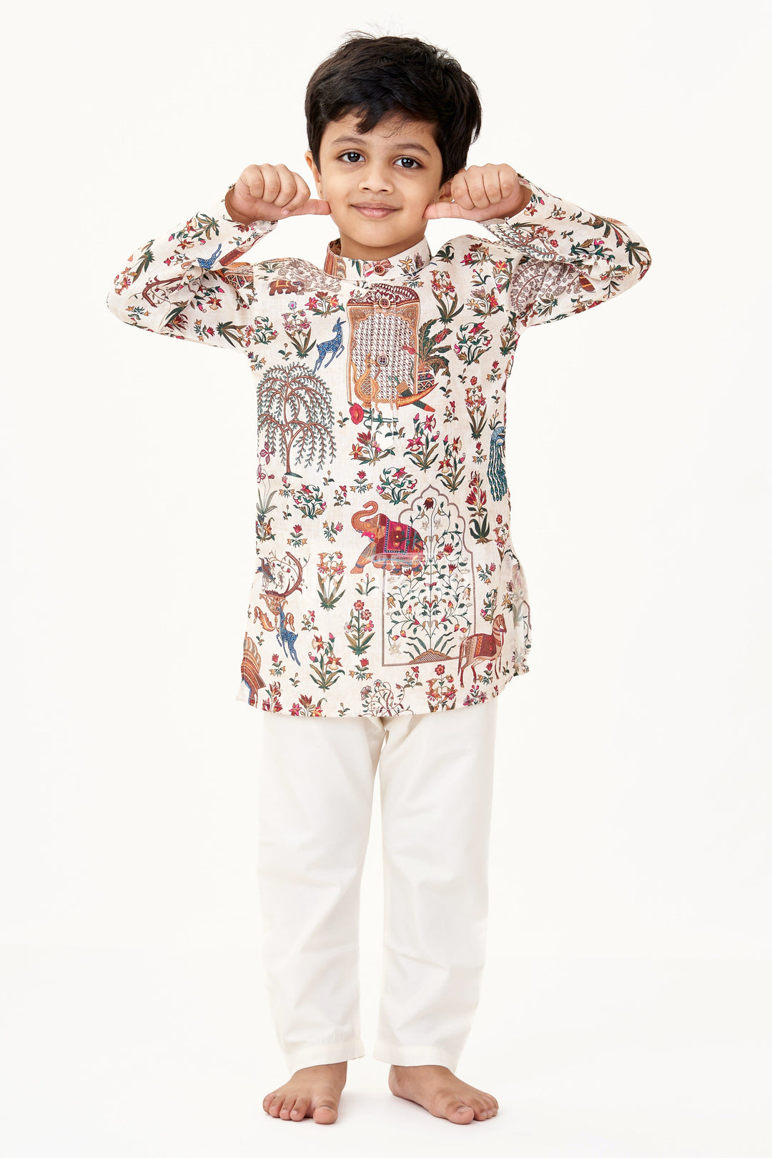 The Nesavu Boys Kurtha Set Fancy Kurta Set for Boys with Ethnic Animal and Floral Digital Prints in Silk Cotton Blend Nesavu 18 (2Y) / Cream BES695A-18 Nesavu Fancy Kurta Set Boys Silk Cotton Blend Ethnic Elephant Floral Digital Prints