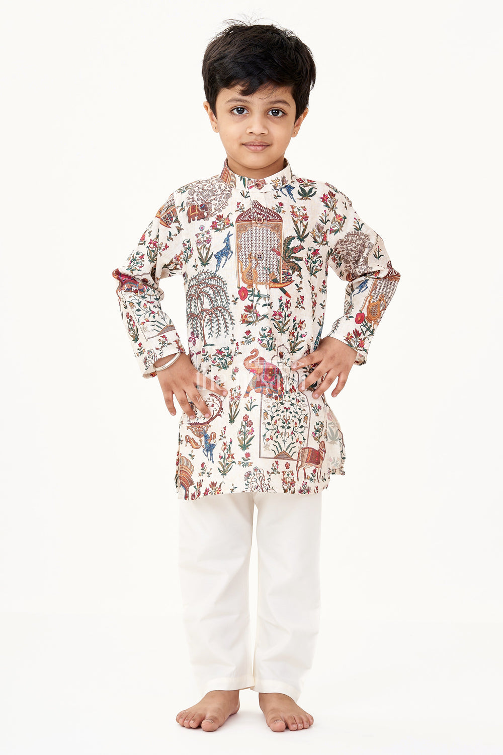 The Nesavu Boys Kurtha Set Fancy Kurta Set for Boys with Ethnic Animal and Floral Digital Prints in Silk Cotton Blend Nesavu Nesavu Fancy Kurta Set Boys Silk Cotton Blend Ethnic Elephant Floral Digital Prints
