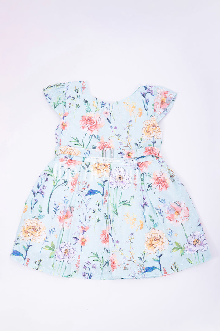 The Nesavu Baby Cotton Frocks Firozi Chikankari Embroidered Frock with Floral Print for Babies Nesavu 14 (6M) / Blue BFJ599C-14 Firozi Chikankari Embroidered Baby Frock with Floral Print - Nesavu