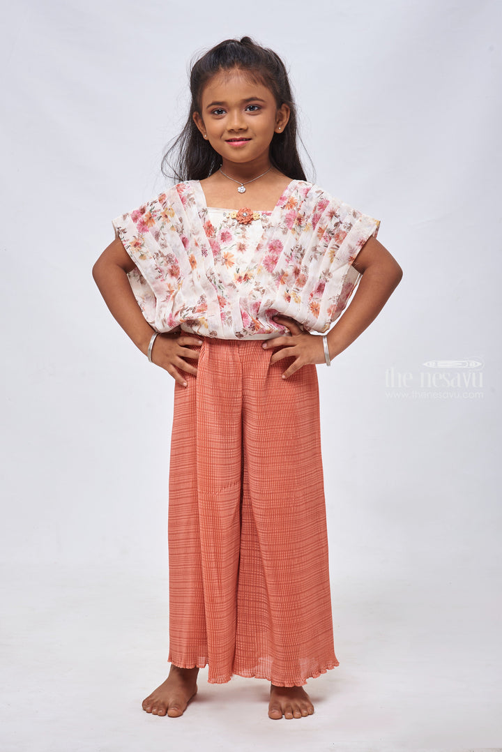 The Nesavu Girls Sharara / Plazo Set Floral Printed Crop Top & Brown Velvet Palazzo: Refined Grace for Girls Nesavu 18 (2Y) / Brown / Velvet GPS181A-18 Crop Top With Palazzo Pant | Little Girls Latest Dress Collections | the Nesavu
