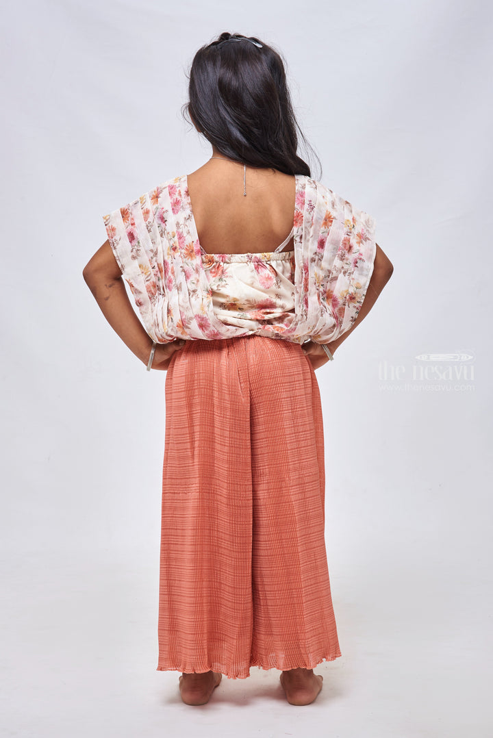 The Nesavu Girls Sharara / Plazo Set Floral Printed Crop Top & Brown Velvet Palazzo: Refined Grace for Girls Nesavu Crop Top With Palazzo Pant | Little Girls Latest Dress Collections | the Nesavu