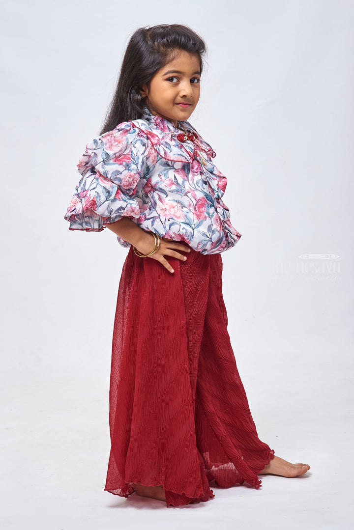 The Nesavu Girls Sharara / Plazo Set Floral Printed Grey Crop Top & Red Palazzo: Timeless Beauty for Girls Nesavu Printed Crop Top With Palazzo Pant for Girls | Diwali and Festive Collections | the Nesavu