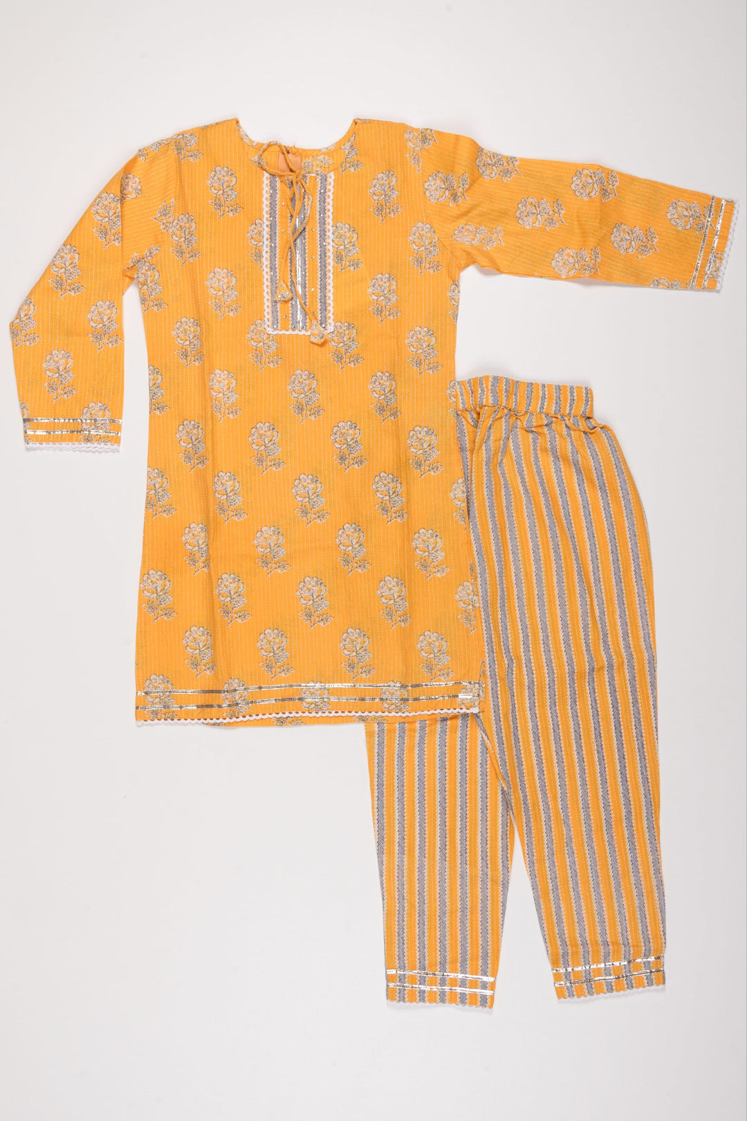 The Nesavu Girls Sharara / Plazo Set Floral Printed Mustard Yellow Kurti and Striped Pant Set with Dupatta for Girls Nesavu 18 (2Y) / Yellow GPS238A-18 Mustard Yellow Girls Kurti Set | Floral & Striped Design | The Nesavu