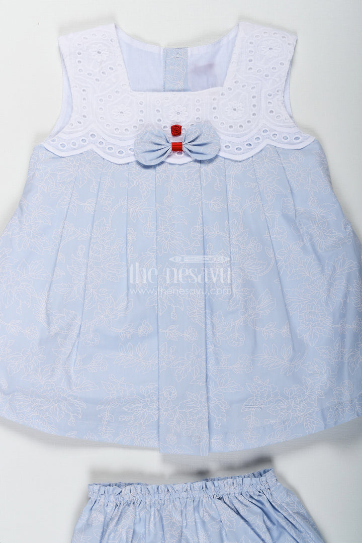 The Nesavu Baby Cotton Frocks Frock Suit Cotton Mein in Light Blue Floral Self-Printed Fabric with White Yoke and Bloomers Nesavu Nesavu Frock Suit Cotton Mein Blue Self Floral Print White Yoke Bloomers