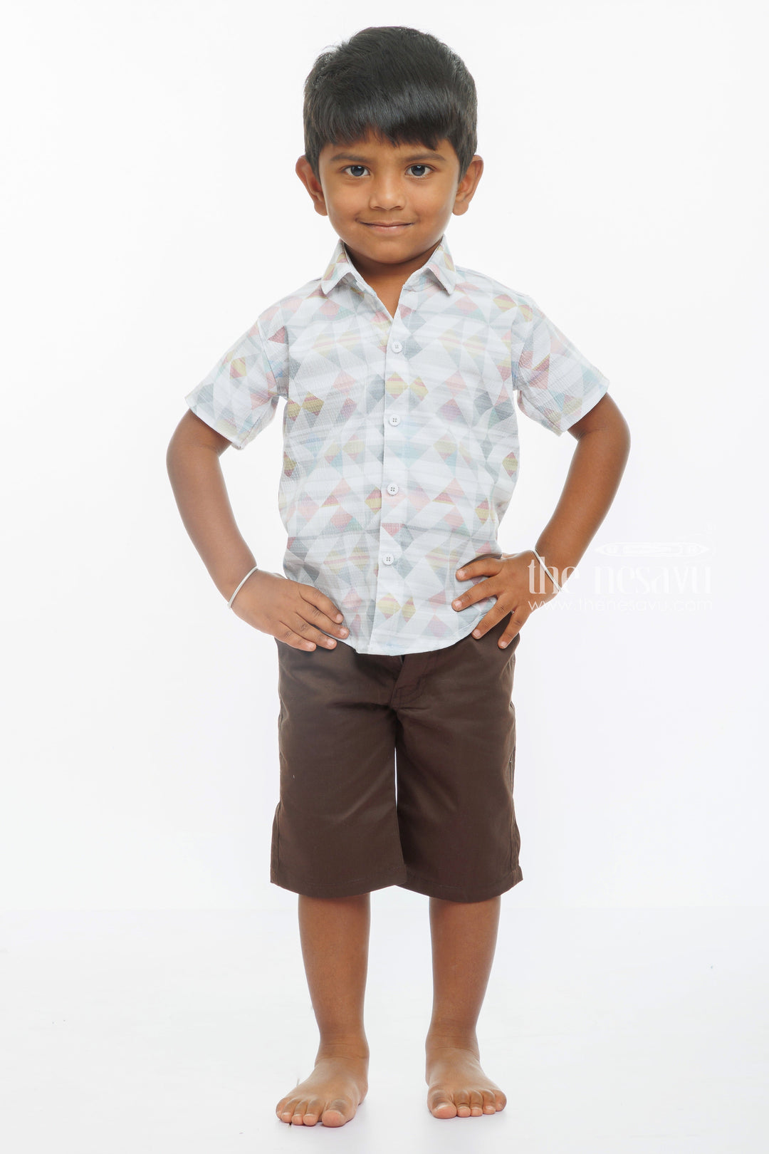 The Nesavu Boys Casual Set Geometric Cool Casual Shirt and Shorts Set for Boys Nesavu 16 (1Y) / Pink / Popcorn Polysilk BCS013A-16 Shop Boys Geometric Print Shirt and Shorts Outfit | Stylish Casual Sets for Kids | The Nesavu