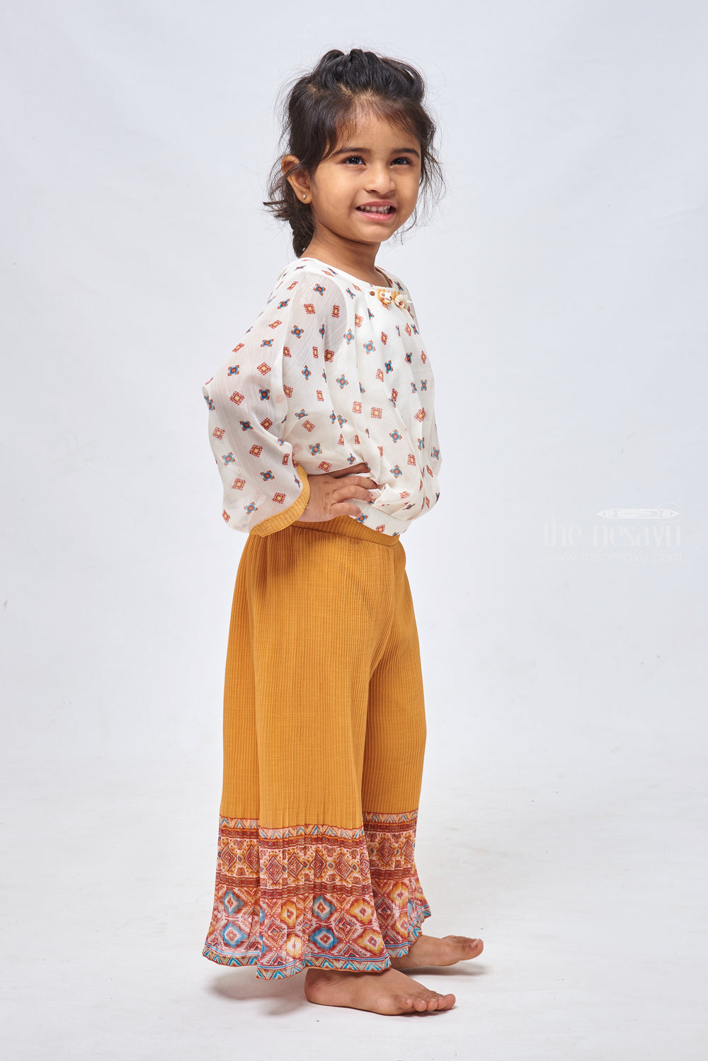 The Nesavu Girls Sharara / Plazo Set Geometric Printed White Crop Top & Ikat Designer Blue Palazzo: Contemporary Look for Girls Nesavu Printed Crop Top With Palazzo Pant Set | Plazo Pant With Top Latest Designs | the Nesavu