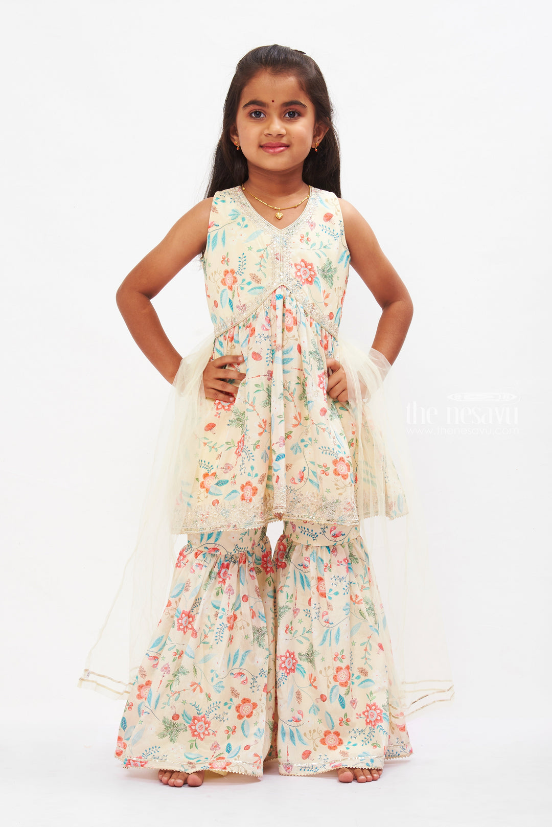 The Nesavu Girls Sharara / Plazo Set Girls Aliacut Floral Kurti with Sharara Pant Set - Pastel Elegance Collection Nesavu 16 (1Y) / Yellow GPS265A-16 Buy Girls Aliacut Kurti and Sharara Set | Floral Festive Kids Wear Online | The Nesavu