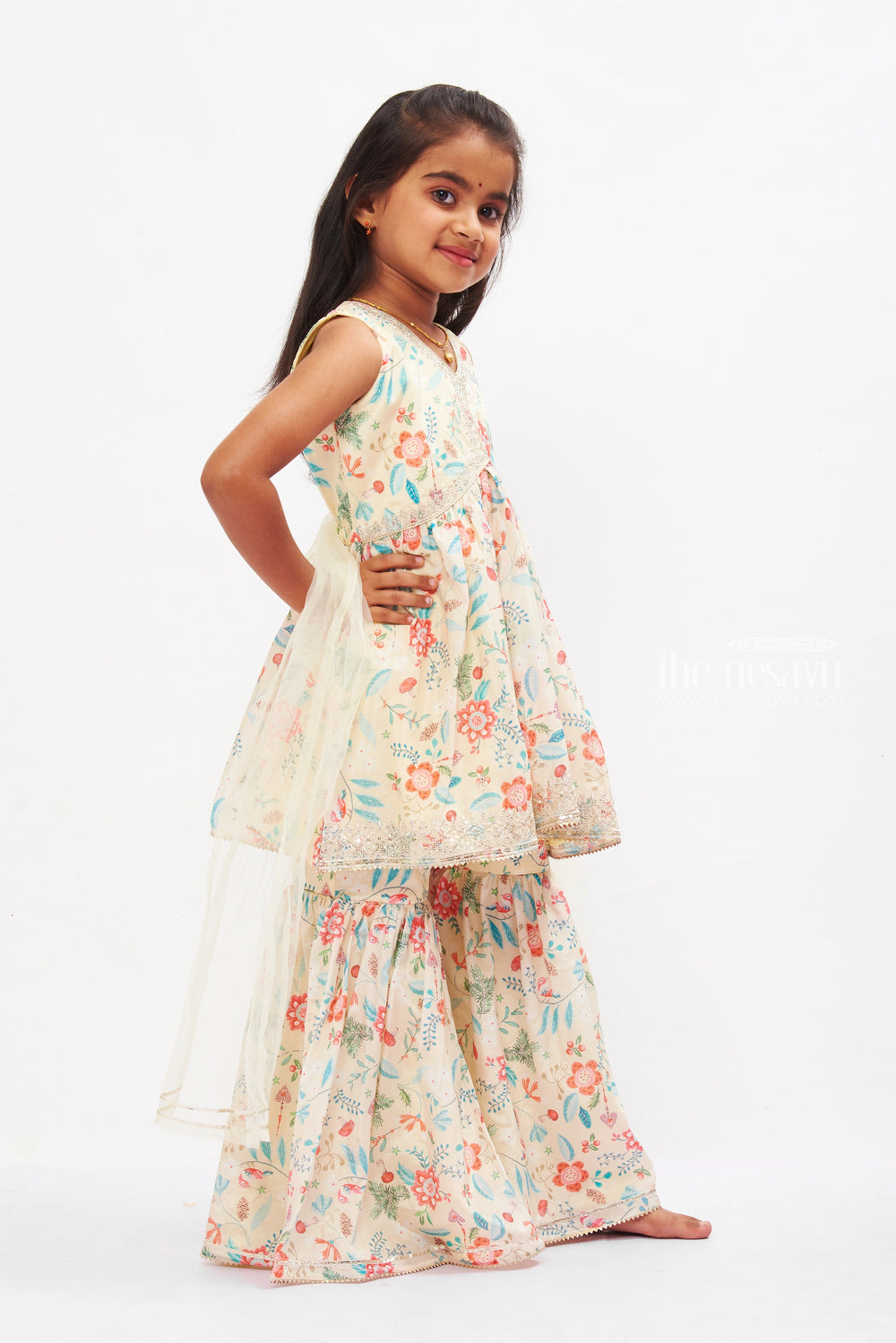 The Nesavu Girls Sharara / Plazo Set Girls Aliacut Floral Kurti with Sharara Pant Set - Pastel Elegance Collection Nesavu Buy Girls Aliacut Kurti and Sharara Set | Floral Festive Kids Wear Online | The Nesavu