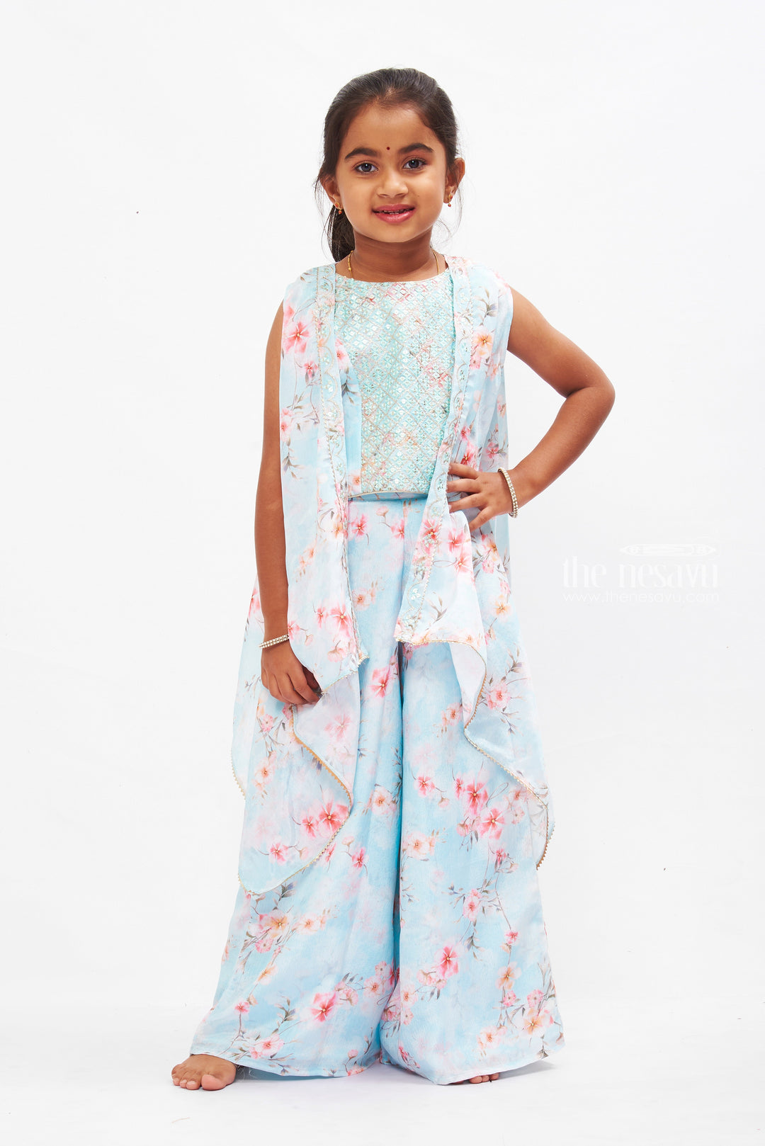The Nesavu Girls Sharara / Plazo Set Girls Aqua Floral Crop Top & Palazzo Set with Asymmetrical Overcoat Nesavu Girls Designer Floral Crop Top and Palazzo Pants | Floral Print Girls Top with Palazzo Pants | The Nesavu