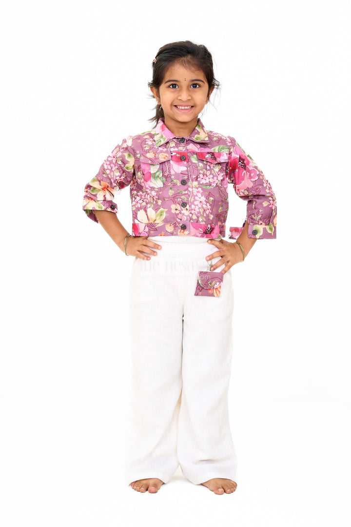 The Nesavu Girls Sharara / Plazo Set Girls Beige Jumpsuit with Floral Jacket – Trendy Festive Outfit for Girls Nesavu 24 (5Y) / Beige GPS459A-24 Girls Beige Jumpsuit Floral Jacket Nesavu Festive New Dress Stylish Girls