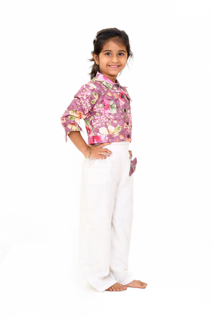 The Nesavu Girls Sharara / Plazo Set Girls Beige Jumpsuit with Floral Jacket – Trendy Festive Outfit for Girls Nesavu Girls Beige Jumpsuit Floral Jacket Nesavu Festive New Dress Stylish Girls