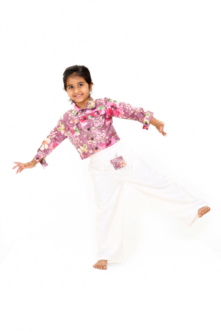 The Nesavu Girls Sharara / Plazo Set Girls Beige Jumpsuit with Floral Jacket – Trendy Festive Outfit for Girls Nesavu Girls Beige Jumpsuit Floral Jacket Nesavu Festive New Dress Stylish Girls