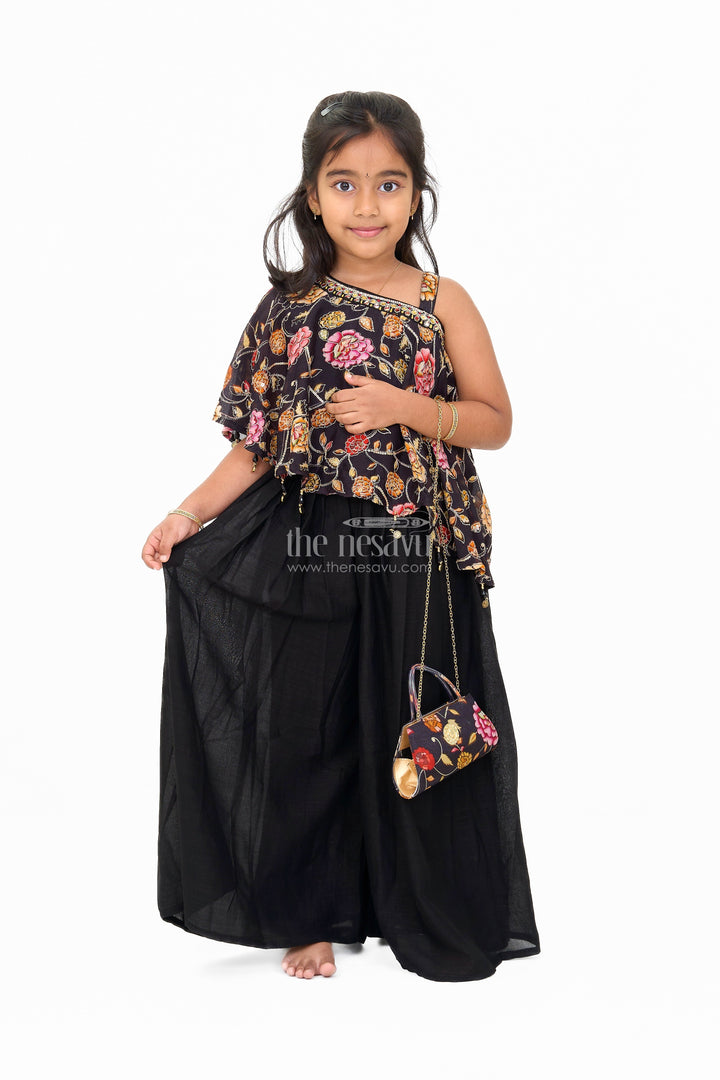 The Nesavu Girls Sharara / Plazo Set Girls Christmas Themed Dresses in Black Georgette with Floral Cape Nesavu 24 (5Y) / Black GPS493A-24 Nesavu Girls Christmas Themed Dresses Black Georgette Vibrant Floral Cape
