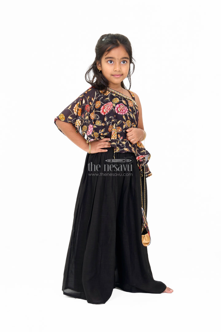 The Nesavu Girls Sharara / Plazo Set Girls Christmas Themed Dresses in Black Georgette with Floral Cape Nesavu Nesavu Girls Christmas Themed Dresses Black Georgette Vibrant Floral Cape