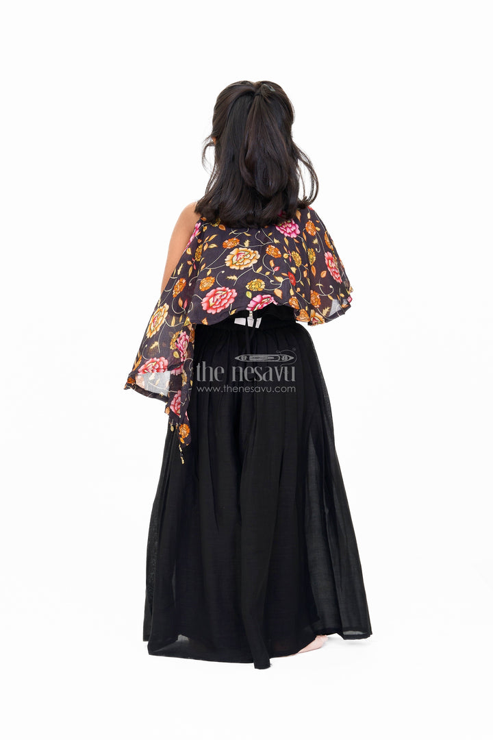 The Nesavu Girls Sharara / Plazo Set Girls Christmas Themed Dresses in Black Georgette with Floral Cape Nesavu Nesavu Girls Christmas Themed Dresses Black Georgette Vibrant Floral Cape