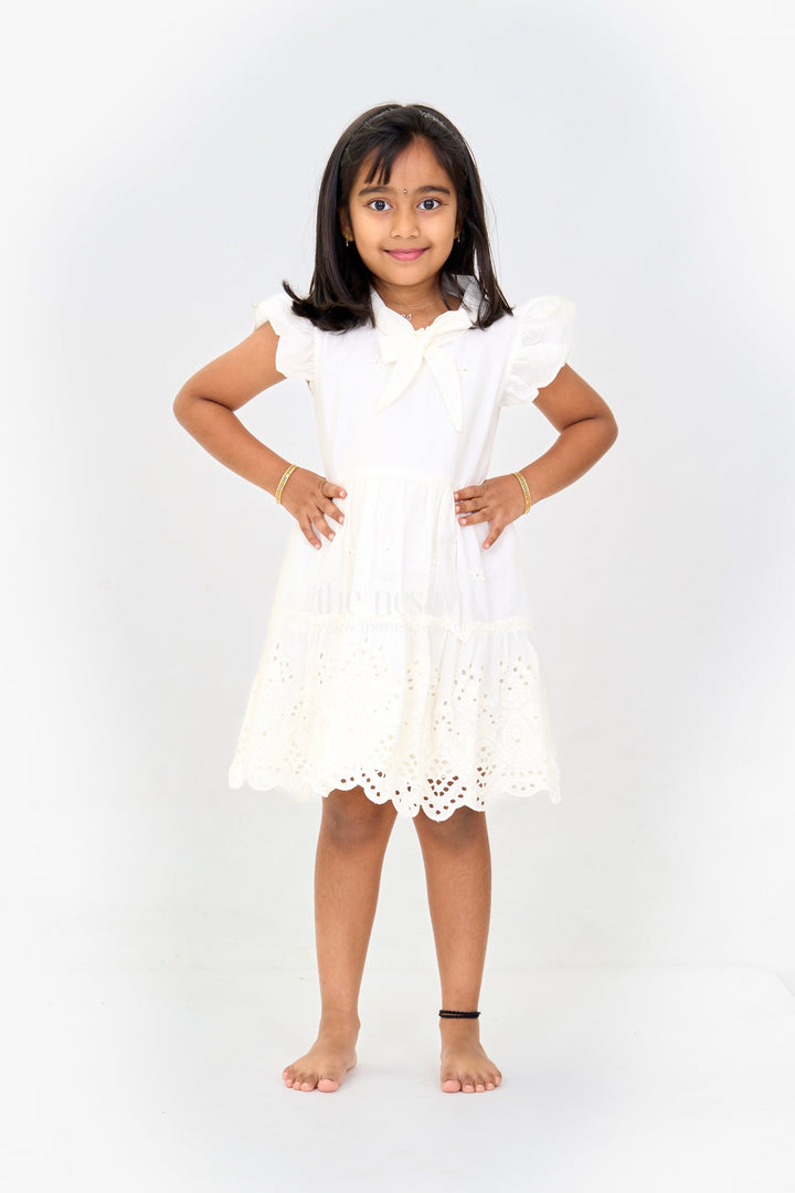 The Nesavu Girls Cotton Frock Girls Cinderella Fancy Cotton Dress with Bow and Eyelet Design Nesavu 20 (3Y) / Cream GFC1567A-20 Nesavu Girls Cinderella Fancy Cotton Dress Eyelet Embroidery Bow